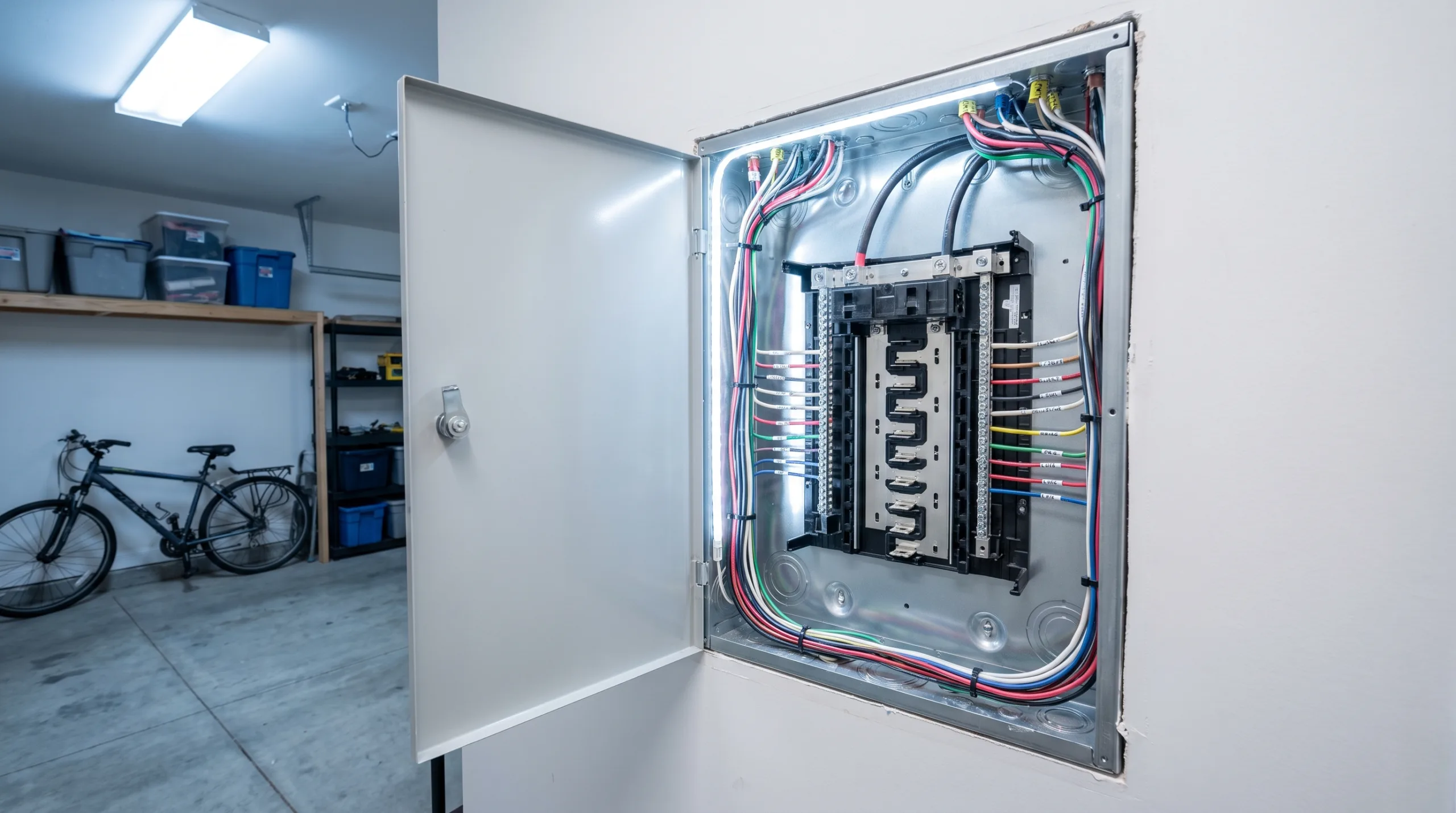 Photorealistic shot of an impeccably organized, modern residential electrical breaker box panel neatly installed on a clean white wall inside an American home garage. Meticulously arranged wiring, bright technical lighting, pristine condition, completely empty, no people, no tools.