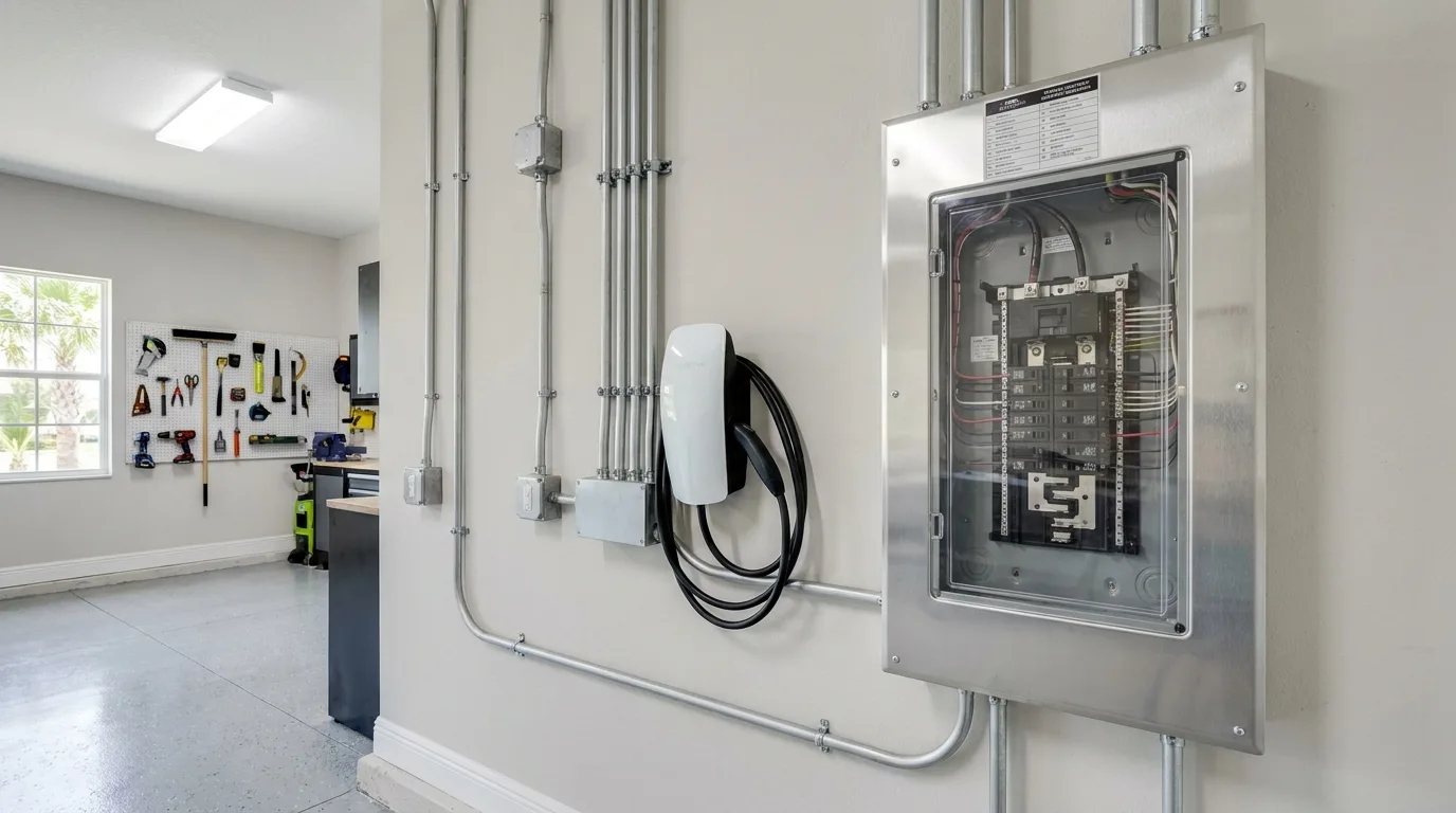 High-end photorealistic cover image focusing on an exquisitely organized main electrical service entrance panel, perfectly installed alongside a sleek, modern EV (Electric Vehicle) wall charger. The complete updated system is flawlessly integrated into a clean, bright Florida suburban utility garage, featuring impeccably organized conduits and clear professional finishing. Spotless equipment condition, brilliant lighting, strictly no faces, no hands.
