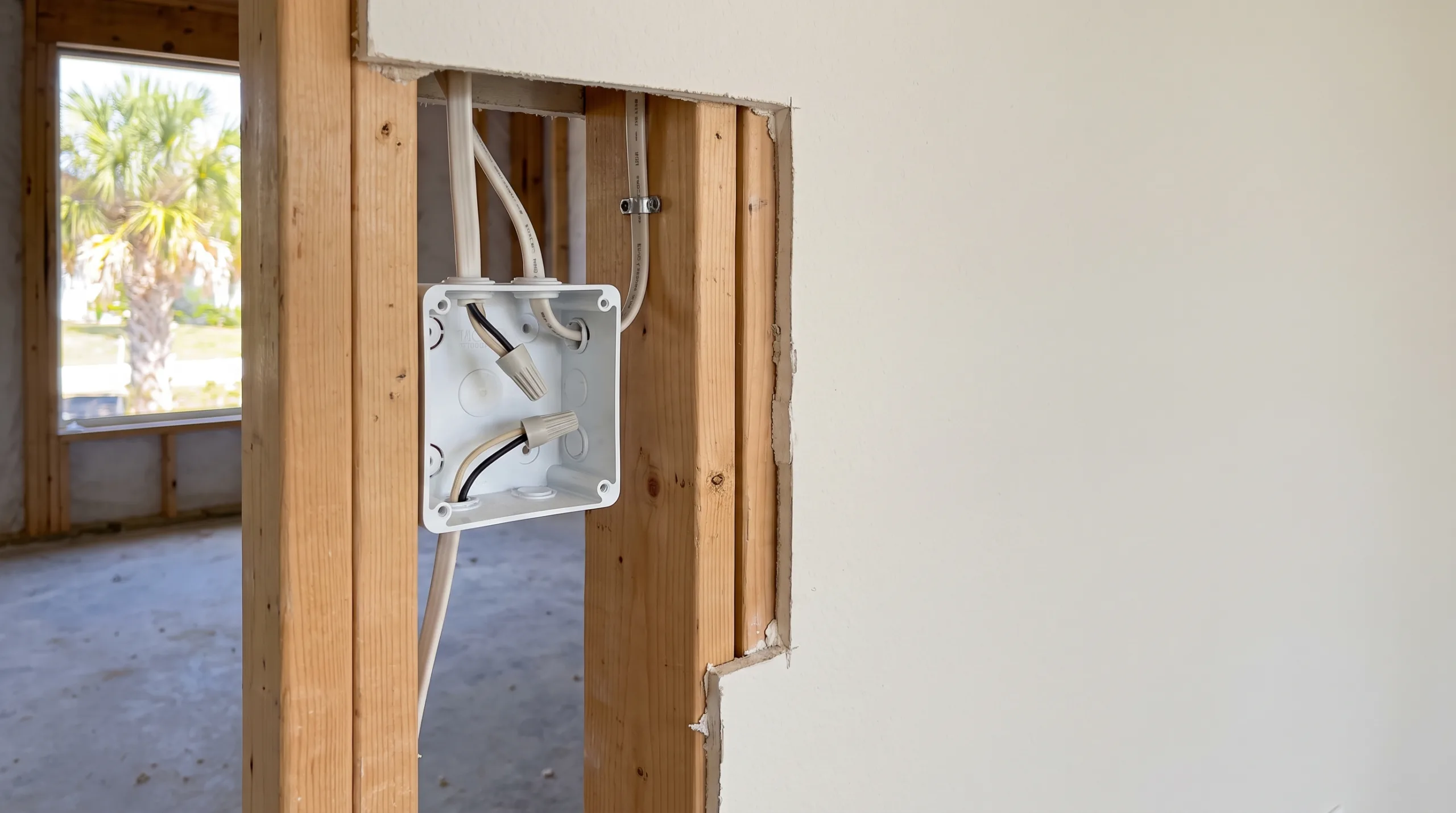 Photorealistic shot of a pristine, newly installed white electrical wire junction neatly enclosed in a standard American residential open drywall frame. Typical Florida suburban home construction, clean and professional execution, 8k resolution, completely empty, no people, no tools.