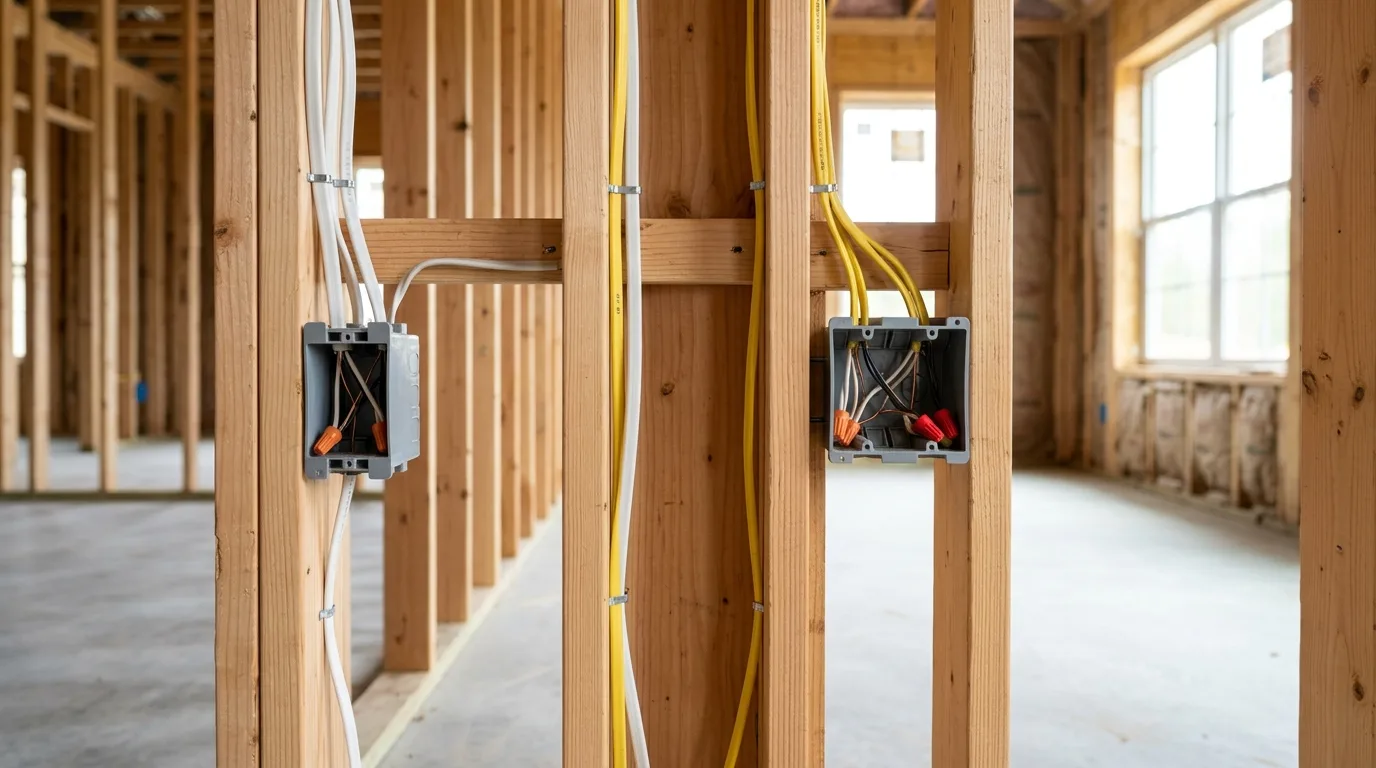 High-end photorealistic cover image of a pristine residential home construction site during the electrical rough-in phase. The composition focuses closely on clean, exposed wooden framing studs. Impeccably organized, brand new electrical wires with white and yellow sheathing run perfectly straight vertically along the wooden beams, routing cleanly into modern gray plastic electrical junction boxes mounted on the studs. The concrete floor in the background is completely visible and absolutely spotless, with strictly zero wires, conduits, or debris on the ground. Professional depth of field softly blurring the background framing, bright natural daylight, highly detailed, premium professional aesthetic, strictly no hands, no tools, no faces.
