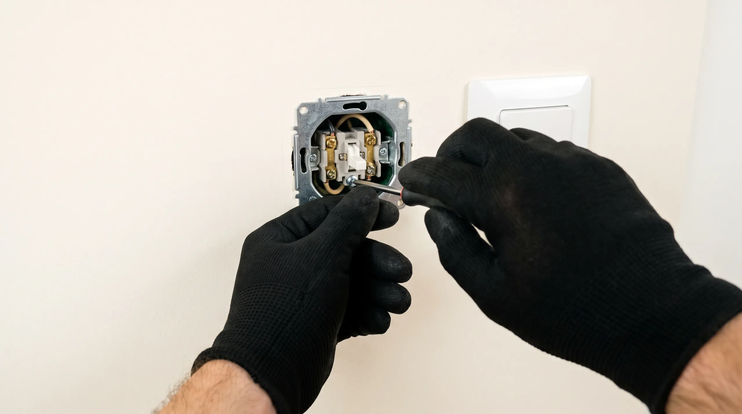 Photorealistic close-up POV shot of a man's hands wearing brand new, clean professional electrician's black work gloves conducting a final inspection and minor adjustment on the clean internal mechanism of a residential light switch before securing the plate. Spotless wall, highly professional setting, strictly no faces, bodies cropped out, no text.