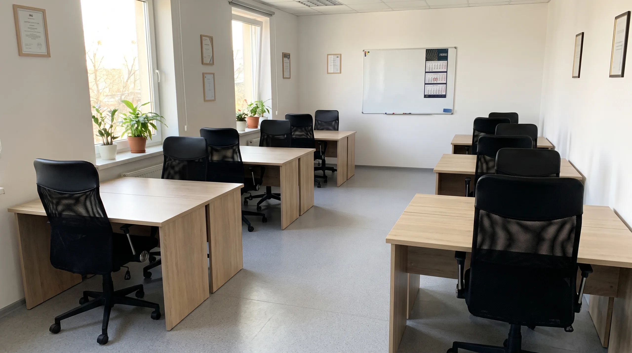 Photorealistic image of a spotless, standard small business office room. Simple desks, ergonomic chairs, clean vinyl floors, bright natural light, practical professional aesthetic, empty and perfectly organized.
