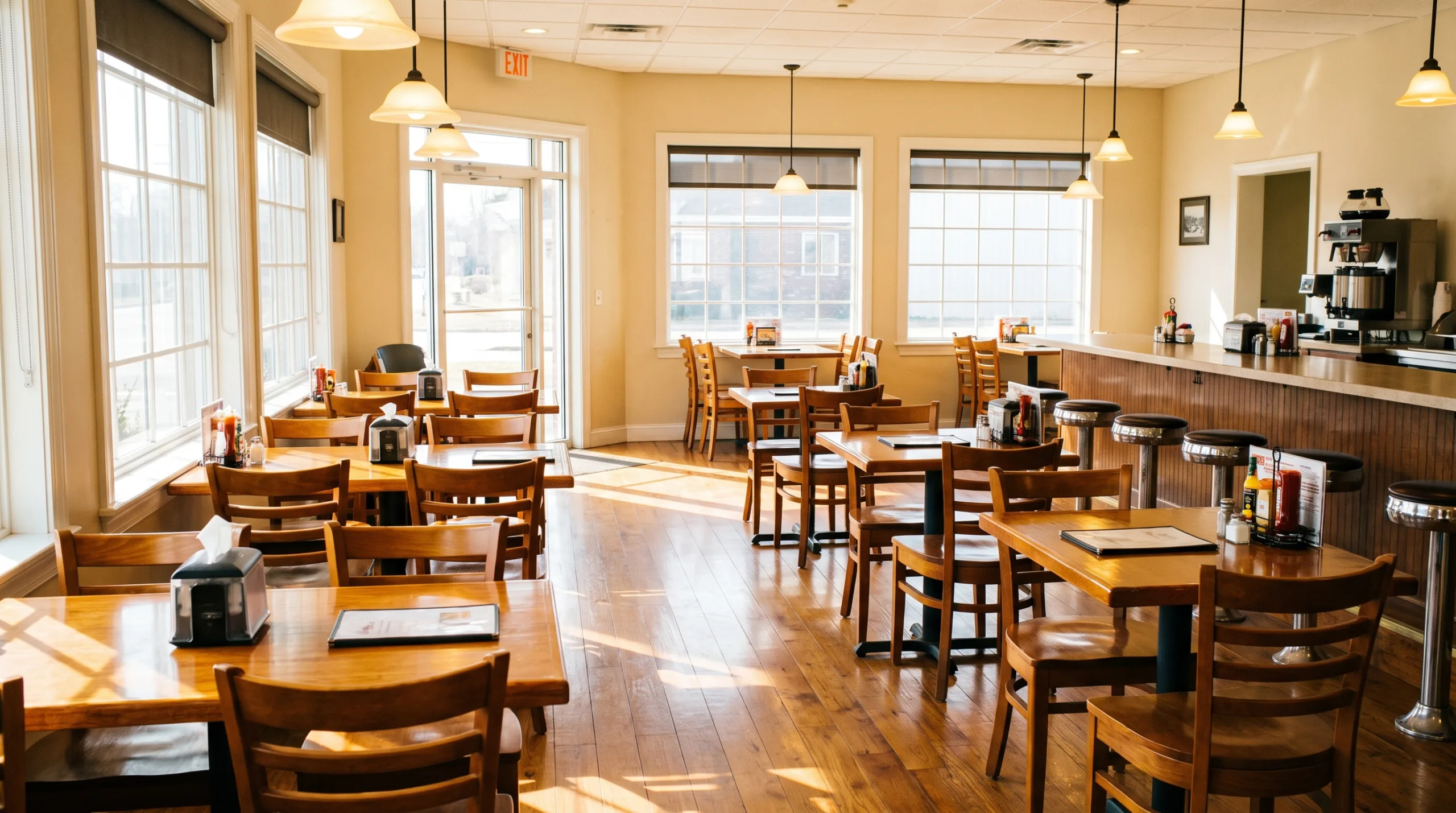 Photorealistic image of an empty, sparkling clean local family restaurant or diner dining area. Standard tables and chairs, spotless hardwood floors, bright and inviting lighting, high standards of hygiene, no people.