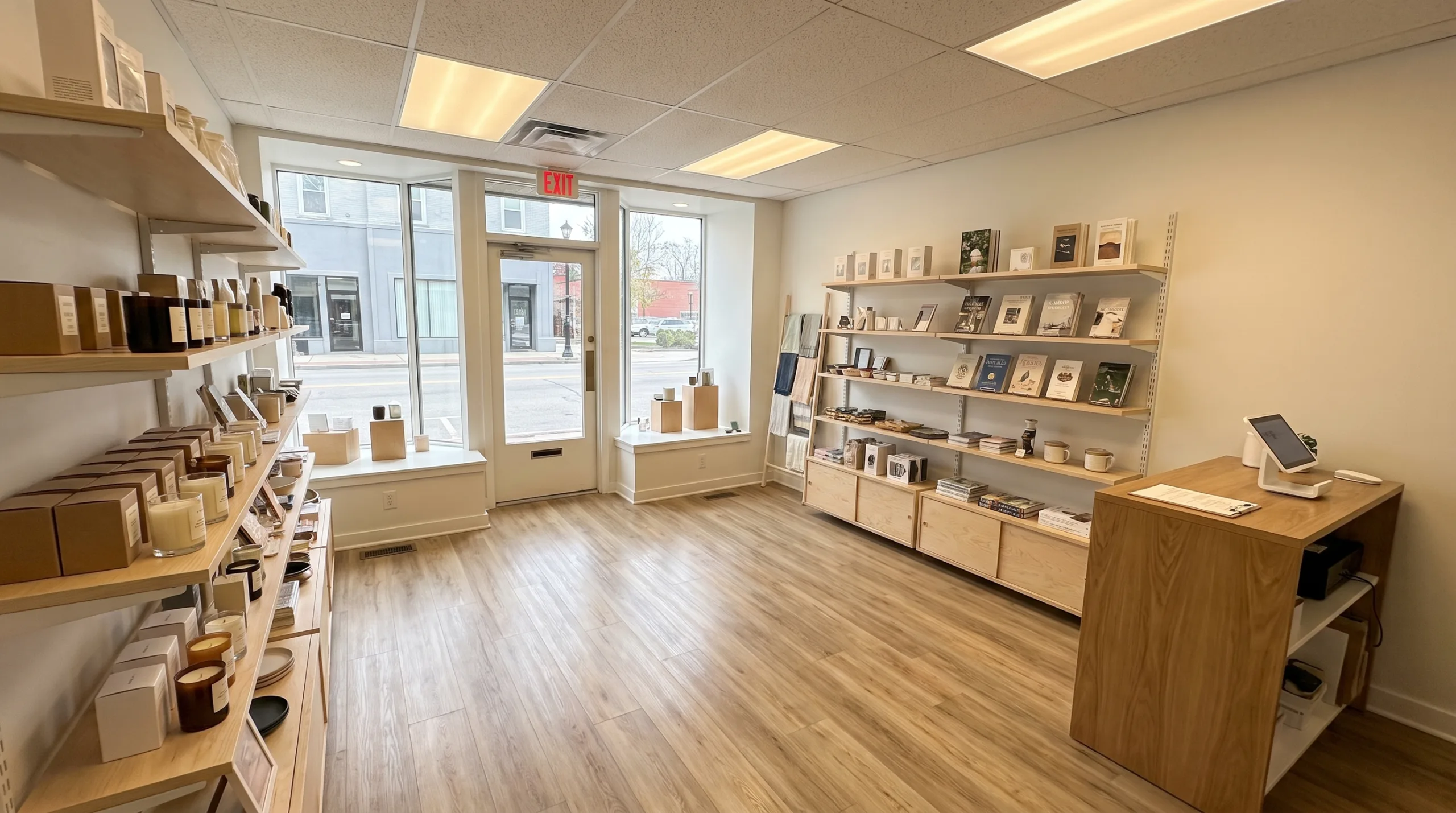 Photorealistic image of a clean, brightly lit standard small retail shop. Neatly organized simple shelves, clean luxury vinyl floors, empty of people, practical, inviting and spotless.