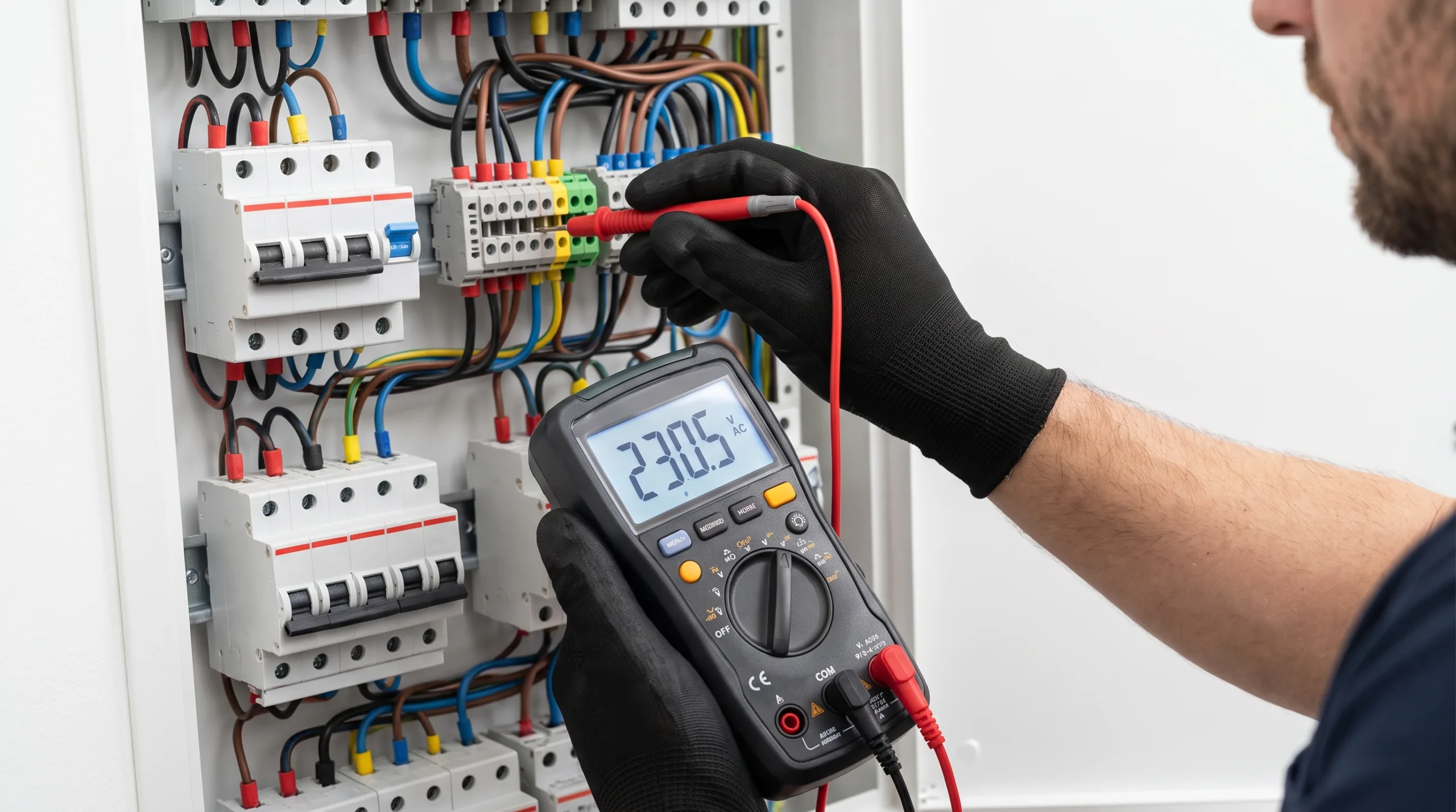 Photorealistic close-up POV shot of a man's hands wearing brand new, clean professional electrician's black work gloves holding the probes of a modern, clean digital multimeter against a perfectly terminated wire connection on a pristine distribution board. Safe, organized, and clean technical environment, strictly no faces, bodies cropped out, no text.