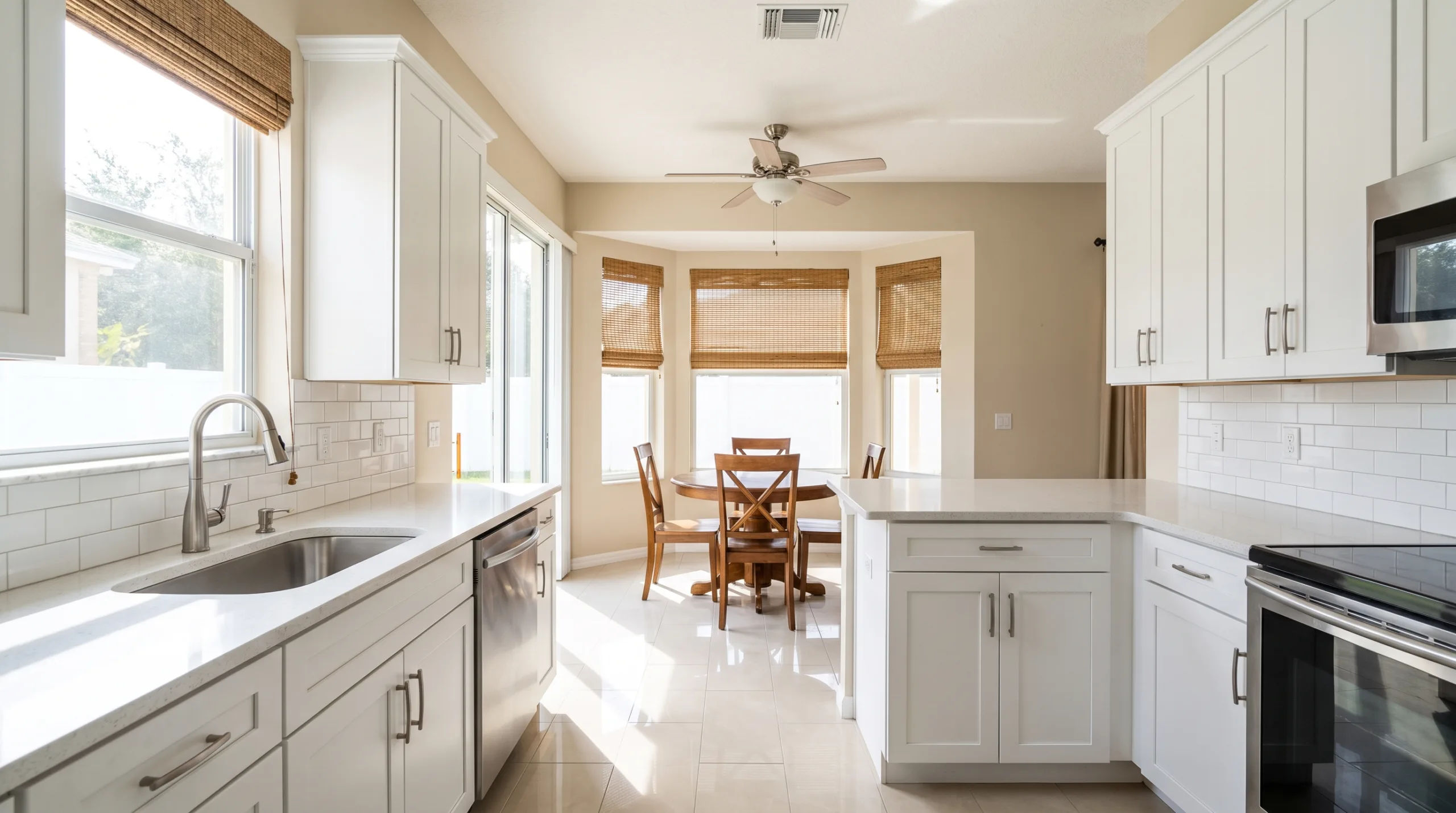 Photorealistic shot of an immaculate, bright, standard-sized American kitchen and small dining area. Typical suburban home, tidy countertops, completely empty, freshly cleaned. Florida home style, regular daylight, clean aesthetic, no people.