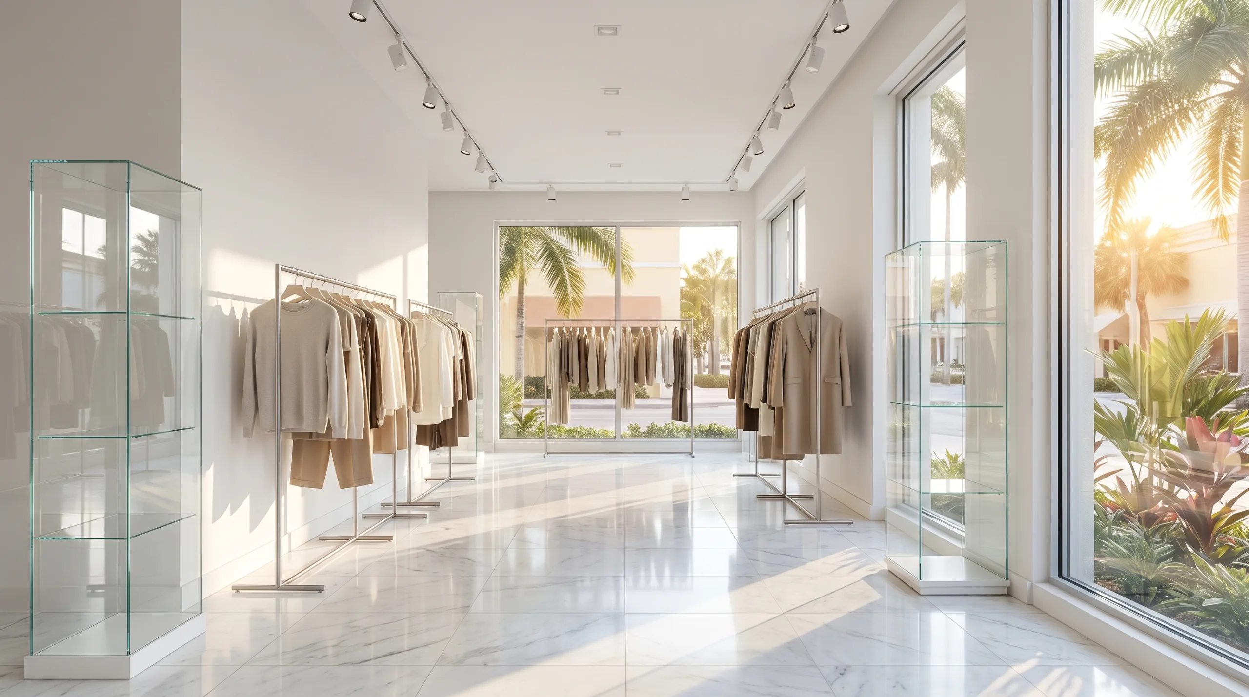 Ultra-realistic photograph of a luxury retail boutique and showroom in Palm Beach, Florida. Ultra-glossy polished marble flooring reflecting modern recessed track lighting, crystal-clear display cases, and clean minimalist clothing display racks. Bright, pristine atmosphere with sunlit floor-to-ceiling storefront windows showing tropical foliage outside. Empty store, no people, no text, crisp focus, commercial interior photography.