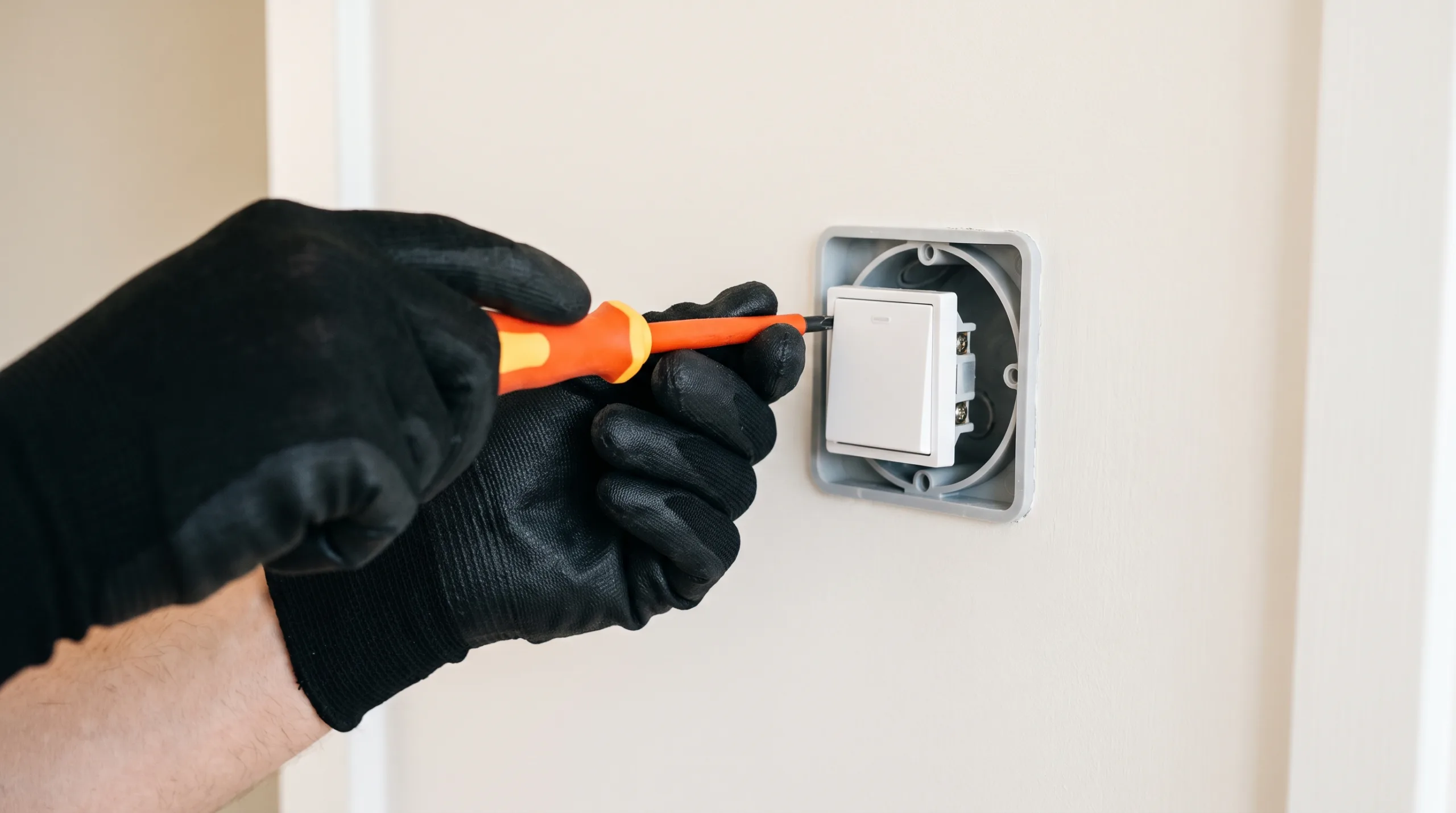 Photorealistic close-up POV shot of a man's hand wearing a brand new, clean professional electrician's black work glove using an insulated screwdriver to fasten a modern white light switch module into a clean wall junction box. Immaculate residential interior, perfect alignment, bright lighting, strictly no faces, body cropped out, no text.
