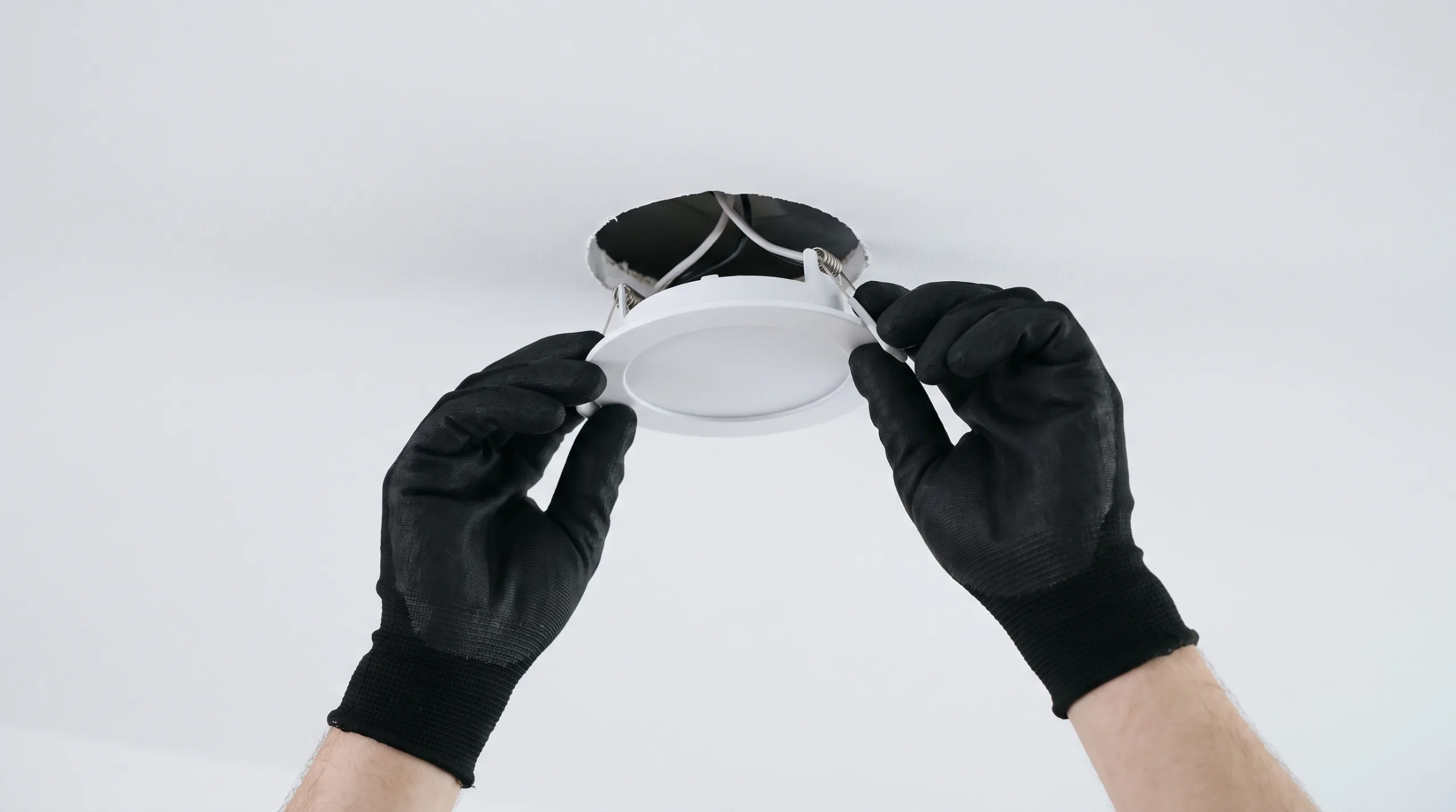 Photorealistic close-up low angle POV shot showing a man's hands wearing brand new, clean professional electrician's black work gloves pushing the metal spring clips of a sleek, ultra-thin white LED recessed light firmly into a perfect circular cutout in a pristine drywall ceiling. Modern architectural lighting, clean installation, strictly no faces, bodies cropped out, no text.