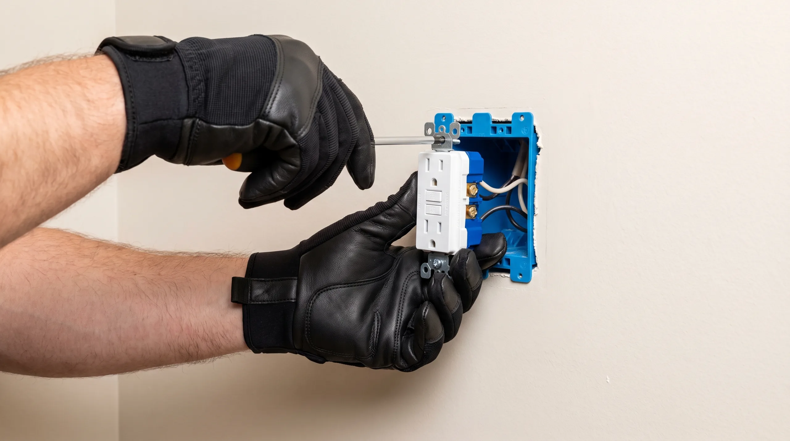 Photorealistic close-up POV shot of a man's hands wearing brand new, clean professional electrician's black work gloves neatly installing a brand new, spotless white GFCI safety outlet into a clean plastic electrical box in a freshly painted neutral drywall. Flawless professional finish, bright lighting, strictly no faces, bodies cropped out, no text.