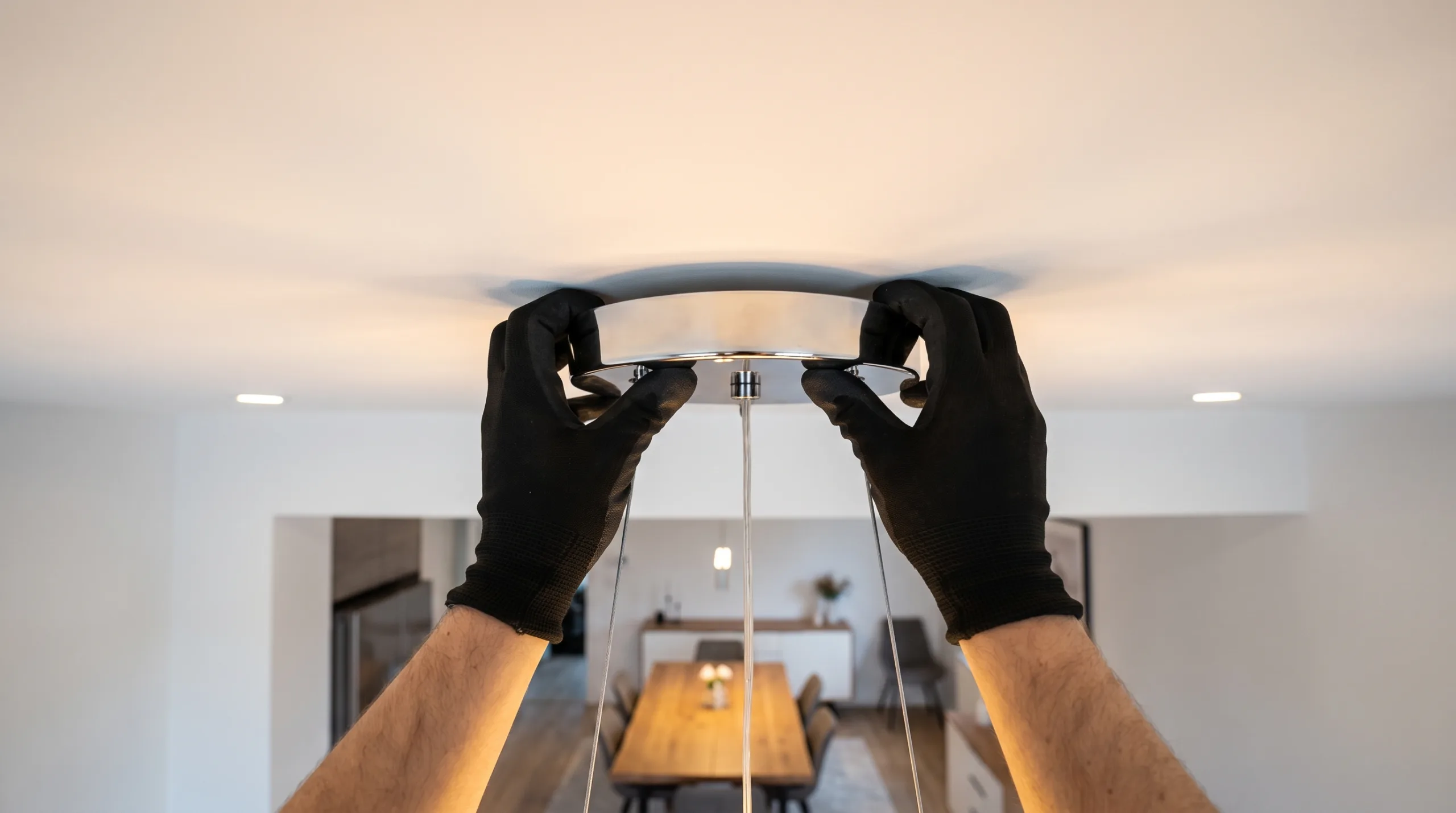Photorealistic close-up POV shot of a man's hands wearing brand new, clean professional electrician's black work gloves carefully holding the shiny metal canopy of a luxury modern dining room chandelier, preparing to mount it against a flawless white ceiling. Pristine interior, high-end residential aesthetic, bright lighting, strictly no faces, bodies cropped out, no text.