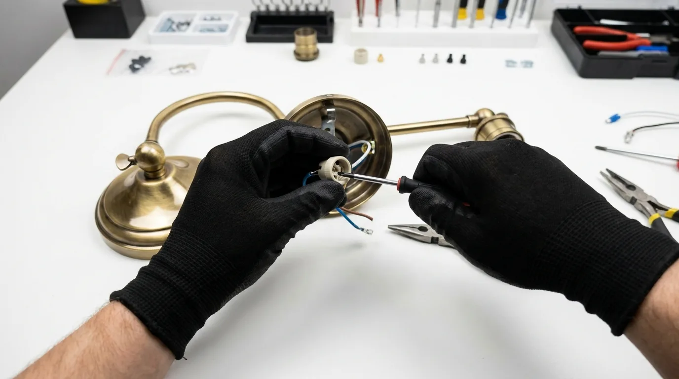 Photorealistic close-up POV shot of a man's hands wearing brand new, clean professional electrician's black work gloves using a small precision tool to delicately replace a faulty socket inside a dismantled high-end brass wall sconce. The fixture is resting on a spotless, bright professional workbench. Meticulous repair work, strictly no faces, bodies cropped out, no text.