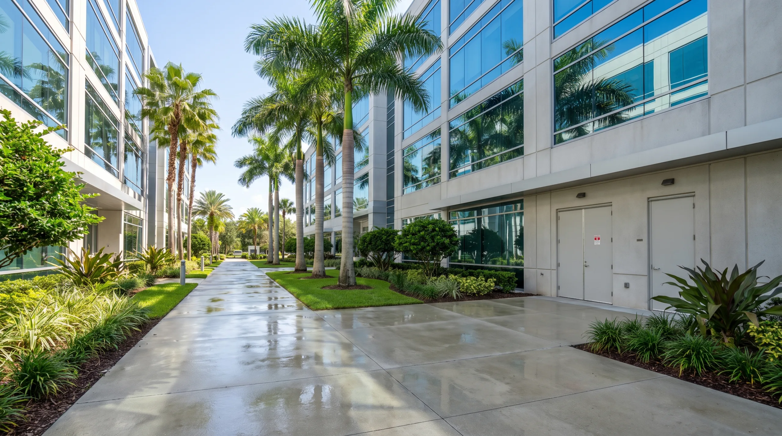 Ultra-realistic outdoor architectural photograph of a modern commercial office complex in Orlando, Florida. Gleaming pressure-washed concrete walkways, manicured tropical landscaping with green royal palm trees, freshly cleaned reflective glass facades, and tidy building exterior with spotless utility panels. Clear sunny Florida sky, midday natural lighting. No people, no text, professional property maintenance aesthetic, wide-angle lens, photorealistic.