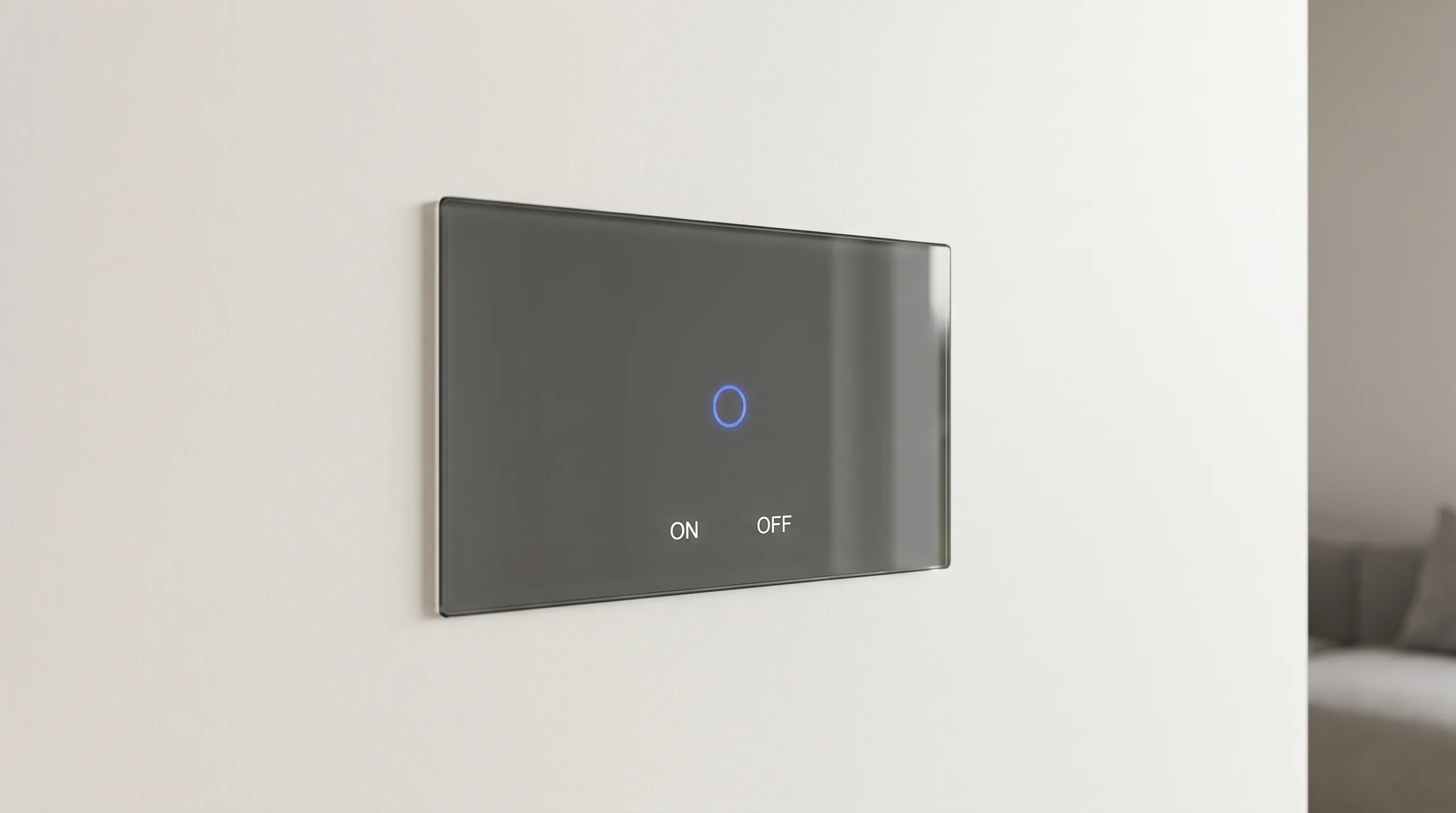 Photorealistic cover image of a perfectly installed, flush-mounted modern smart glass touch light switch panel with a clean indicator light glowing, against a flawless off-white wall. High-tech home automation look, perfect fit, bright lighting, no hands, strictly no faces.