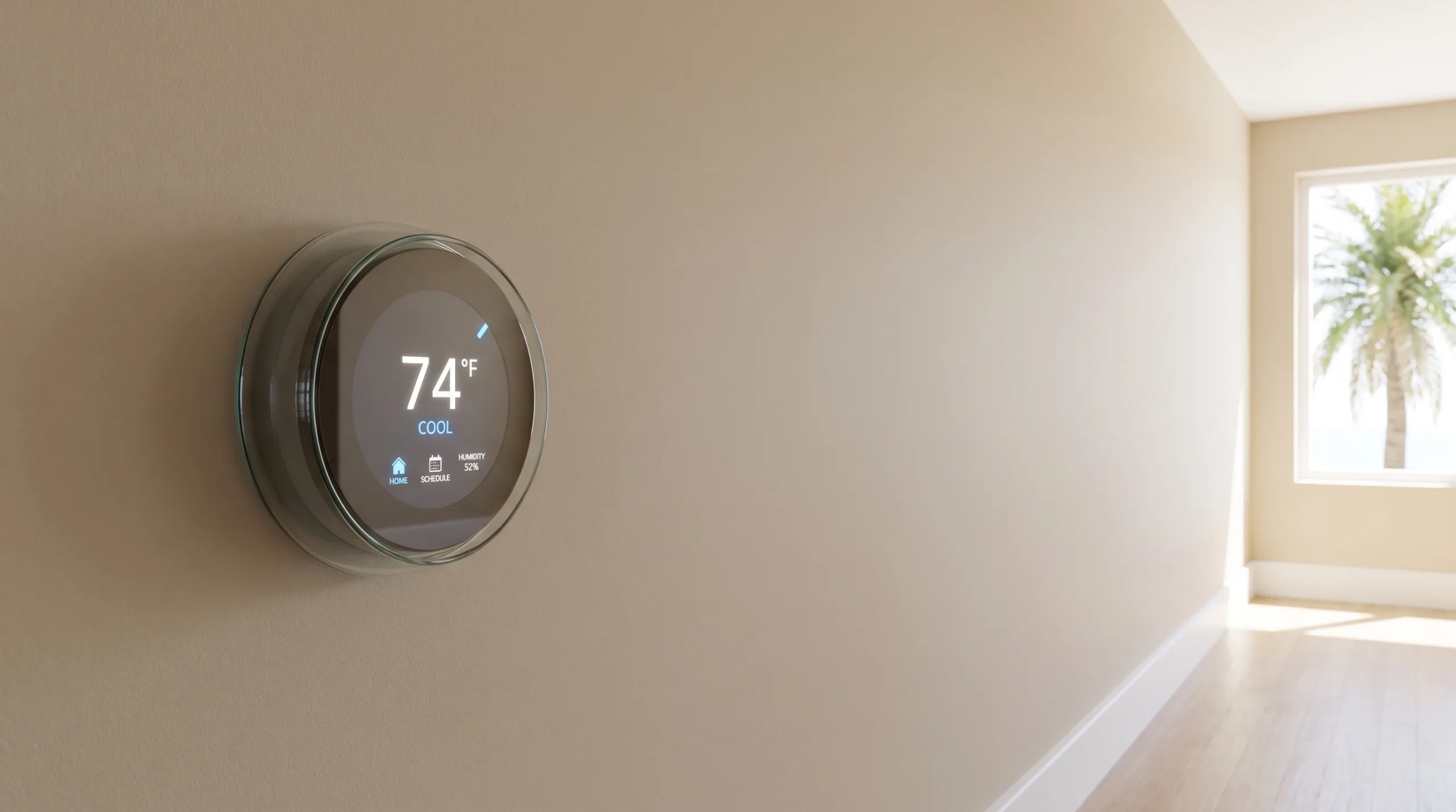 Photorealistic cover image focusing on a single, perfectly installed modern smart thermostat device with a clear temperature reading and UI displayed on its spotless screen. Mounted against a flawless neutral-painted hallway wall in a medium-sized Florida home. Clean interior design aesthetic, brilliant lighting, no hands, strictly no faces.