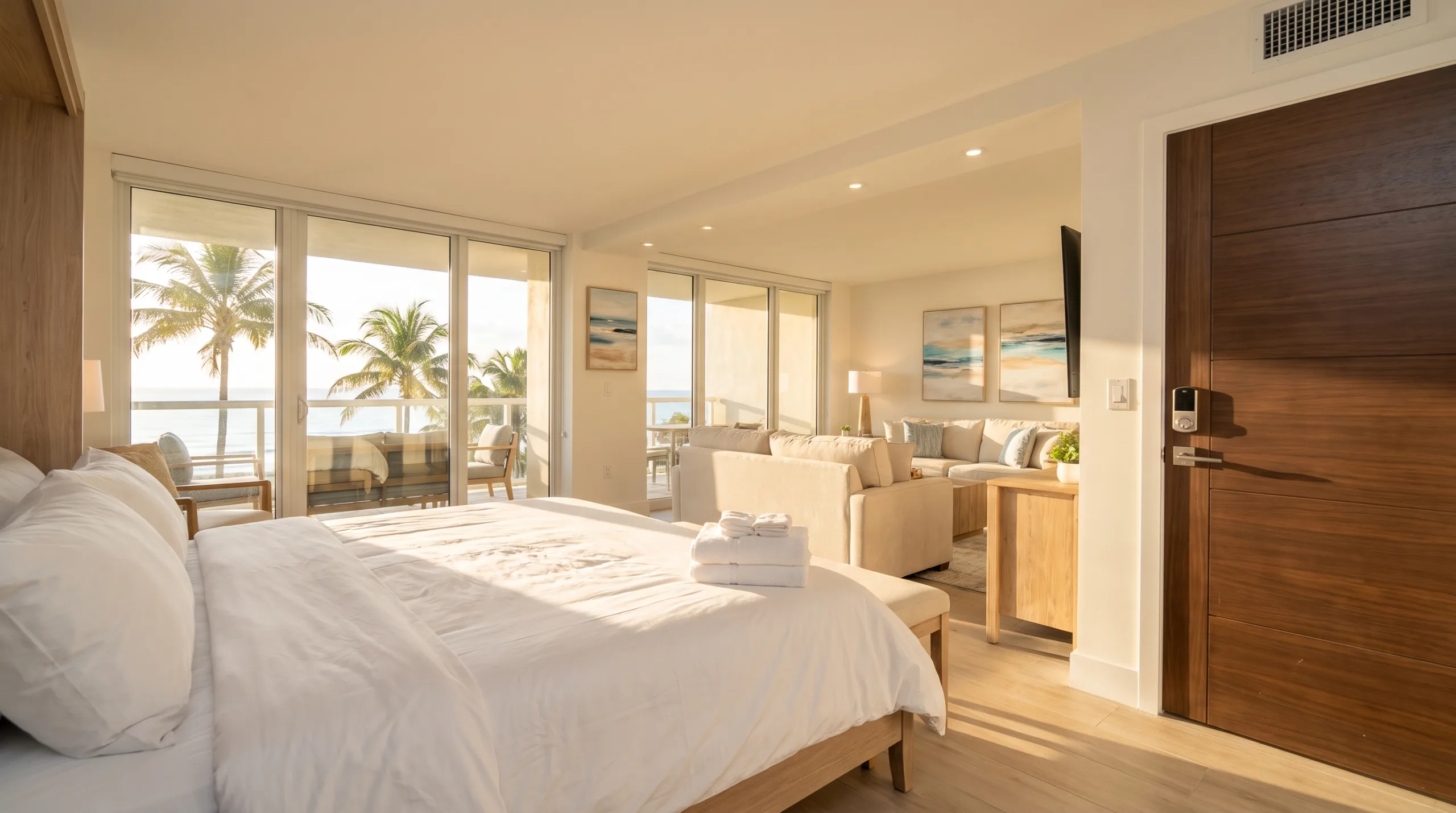 Ultra-realistic interior photograph of a sunlit, luxury vacation rental condo in Fort Lauderdale, Florida. Freshly made bed with crisp white linens, folded towels, impeccably clean open-concept living area, contemporary coastal decor, and a spotless modern front door with a sleek smart lock fixture. Warm Florida afternoon sunlight streaming through glass doors leading to a balcony with palm trees. No people, no text, immaculate turnover presentation, 8k resolution.