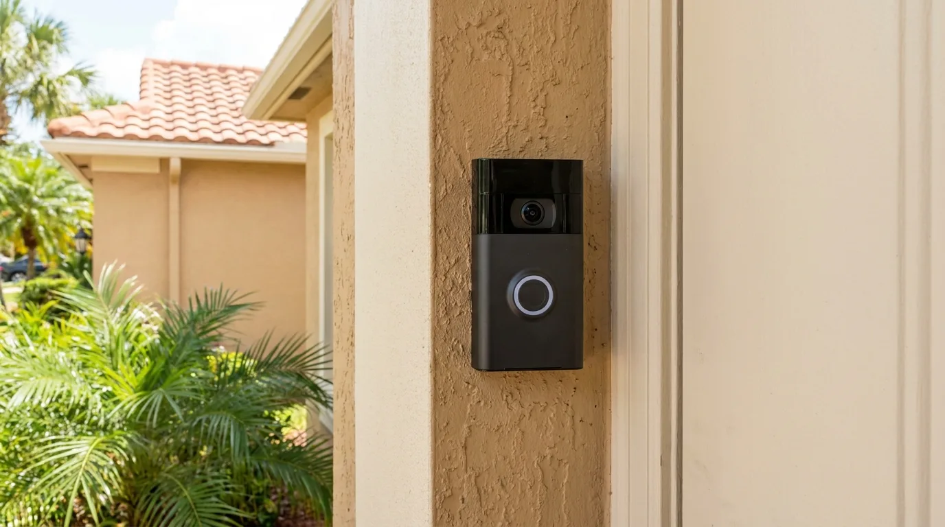 Photorealistic cover image focusing on a single, perfectly installed modern video doorbell unit with a sleek black camera lens and a button, mounted flawlessly next to a clean off-white front door frame on a tan stucco exterior wall of a medium-sized Florida-style suburban house. Bright natural daylight, immaculate architectural detail, no hands, strictly no faces.