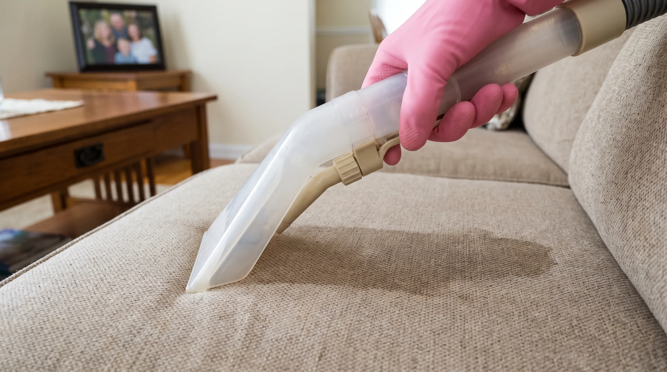 Photorealistic close-up POV shot of a woman's hand wearing a pink rubber glove, holding an upholstery steam cleaning extraction wand against a standard beige fabric living room sofa. The fabric looks refreshed. Typical middle-class American home setting in the blurred background. Plain equipment with no text or logos, strictly no faces, body cropped out, highly detailed.