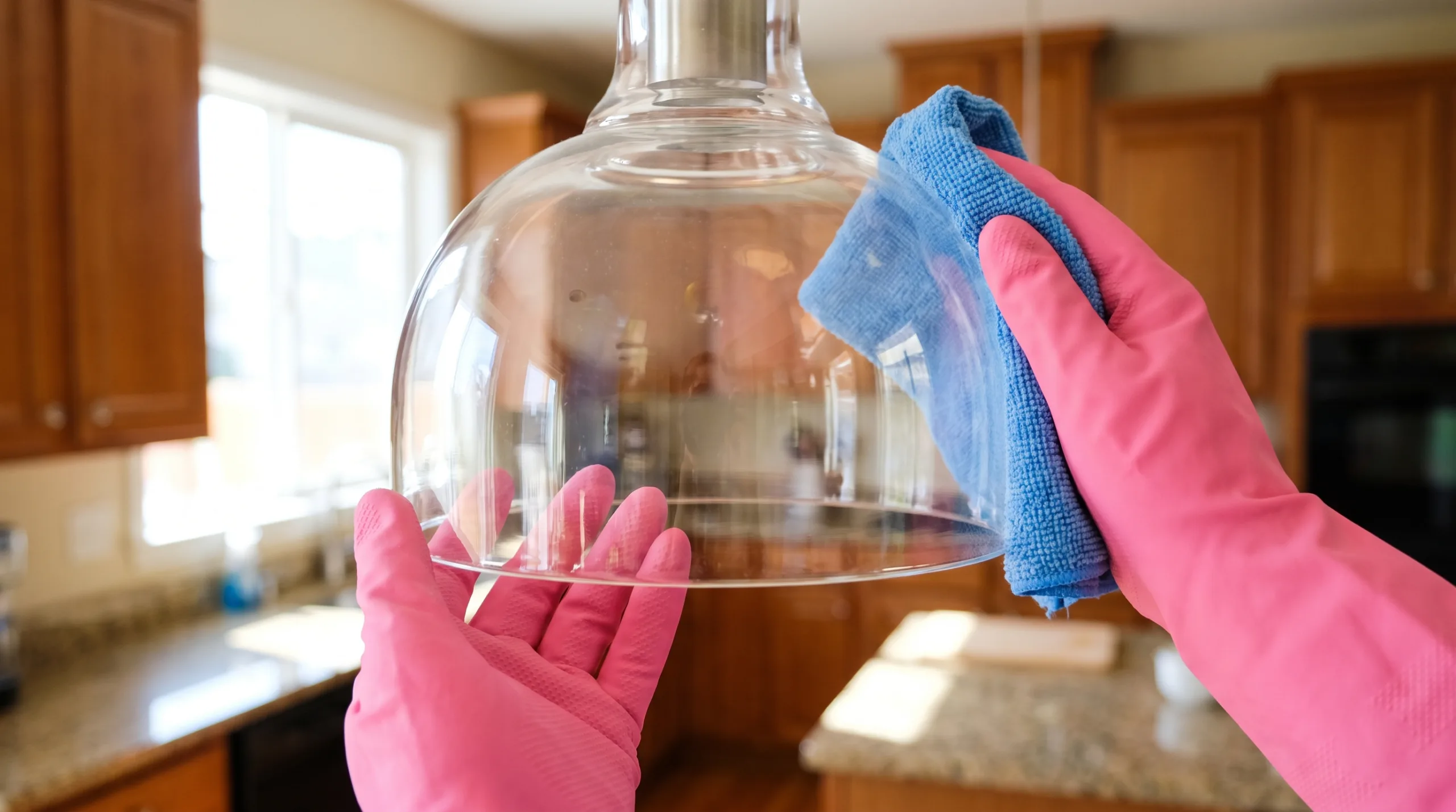 Photorealistic close-up POV shot of a woman's hand wearing a pink rubber glove carefully wiping a standard glass pendant light fixture with a clean microfiber cloth. Typical American kitchen in the blurred background. The glass fixture is gleaming. Strictly no faces, body cropped out.