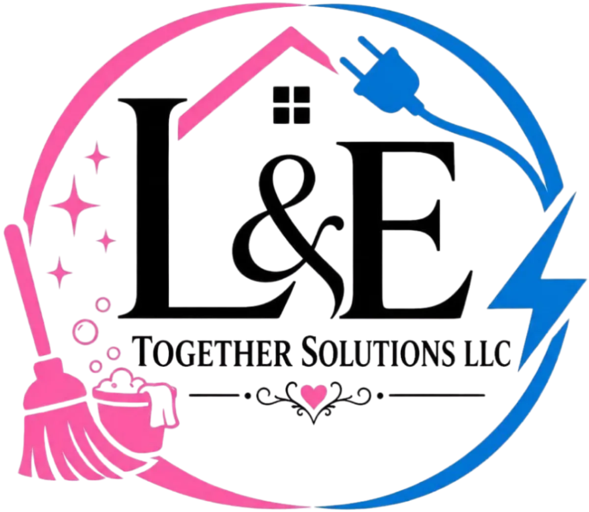 Official logo for L&E Together Solutions LLC, featuring a house and an electrical plug.