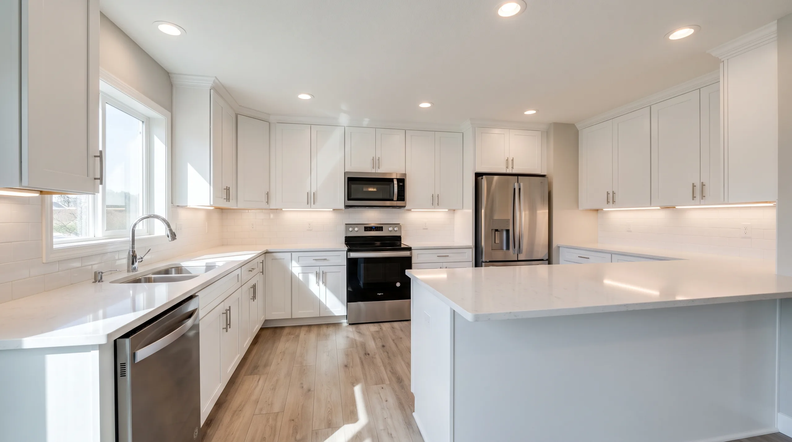Photorealistic image of a standard American kitchen, completely spotless after a basic renovation. Clean standard fixtures, new luxury vinyl flooring, zero dust on surfaces, bright lighting, pristine condition, no people.