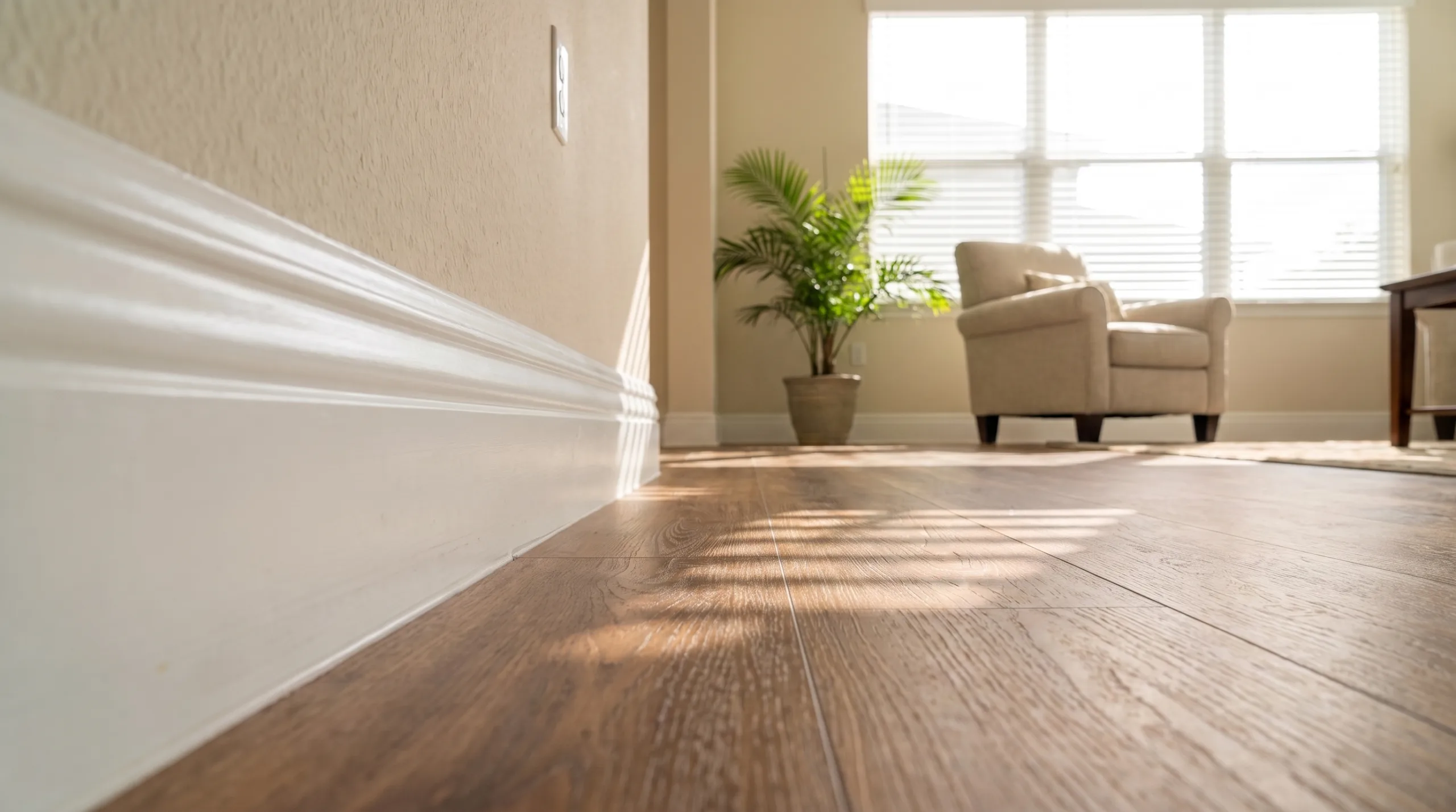 A low-angle shot focusing on spotless white baseboards