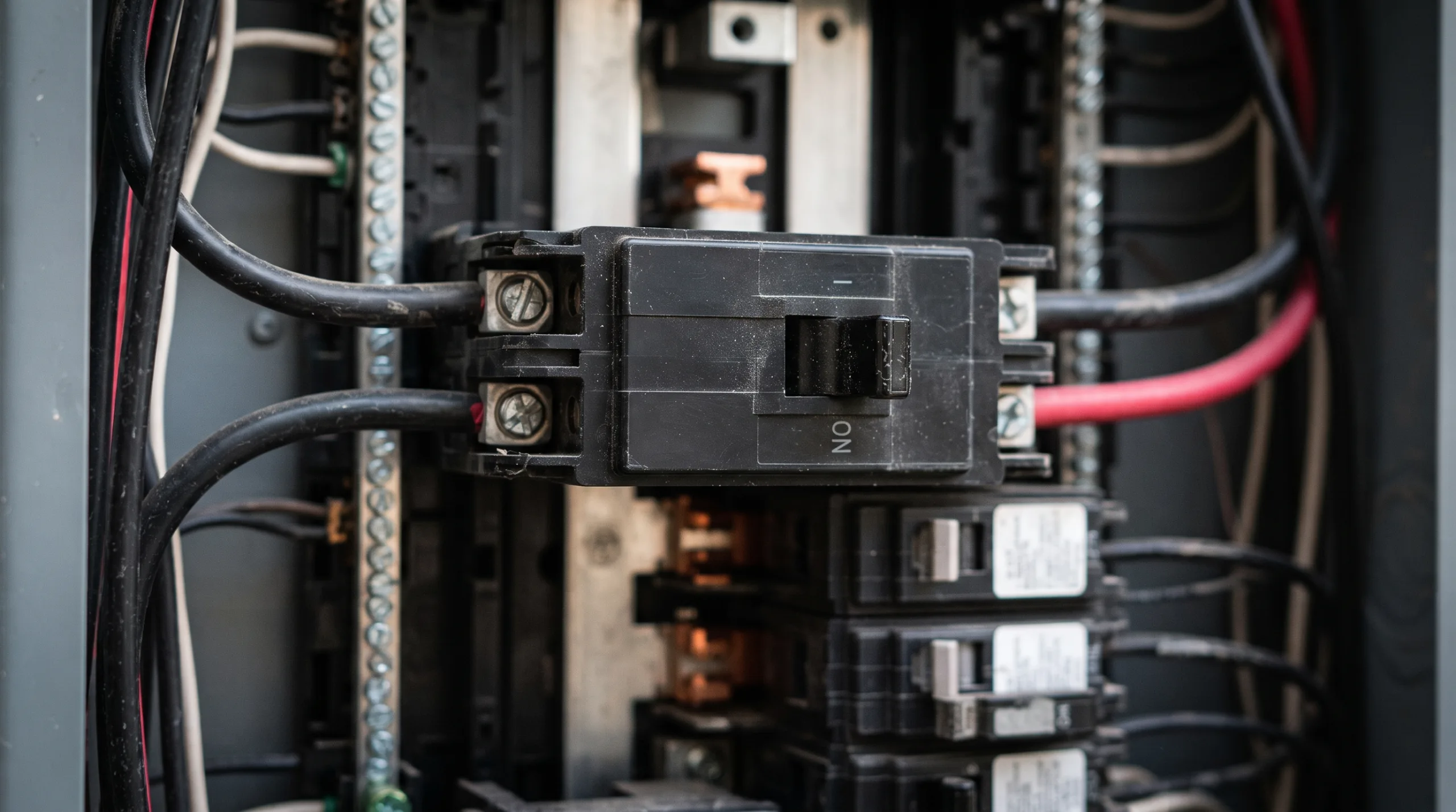 An extreme close-up, hyper-realistic photograph of a standard 200A residential main circuit breaker properly seated in a clean electrical panel bus bar within a middle-class home. The brightly lit metallic contacts and the sturdy switch handle in the 'ON' position are clearly visible. The depth of field is shallow, softening the surrounding standard panel wiring. No text, brands, or luxury finishes are present.