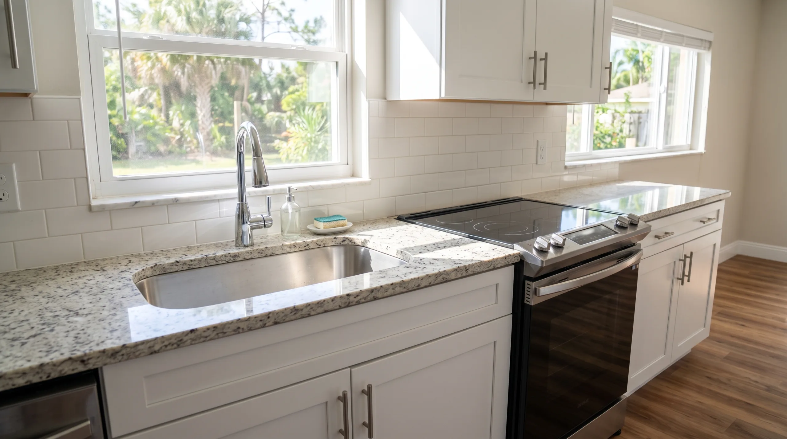 A sparkling clean kitchen counter and sink area in a standard middle-class Florida home. A neatly wiped down electric stovetop, a shiny stainless steel sink with a simple faucet, and clutter-free countertops. Sunlight illuminates the spotless surfaces. Warm luxury vinyl plank flooring is subtly visible in the lower frame. Bright, hygienic atmosphere. No people, no text, no logos, no brands.