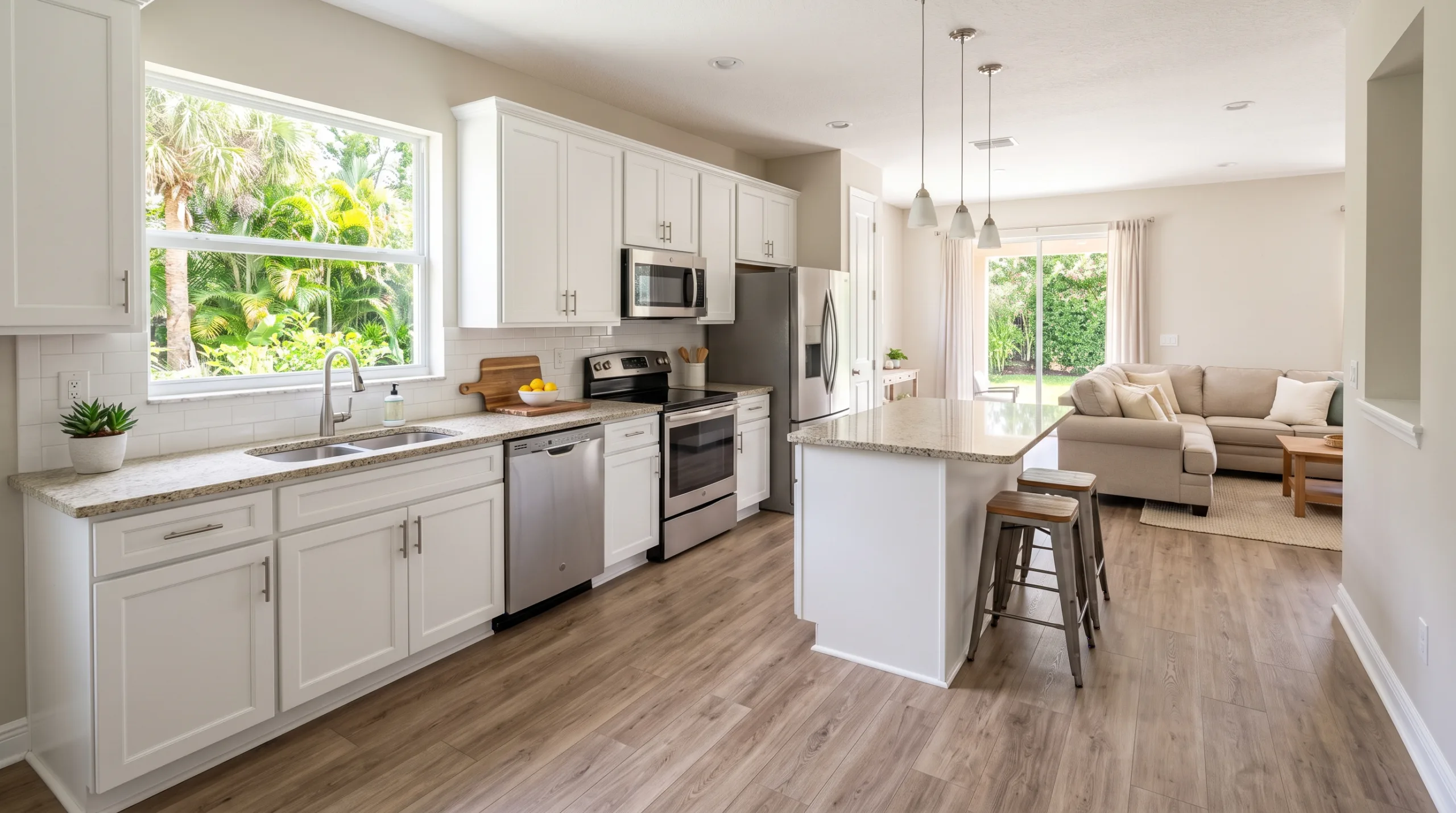 A brightly lit, impeccably clean open-plan kitchen and living area in a typical middle-class Florida suburban home. White cabinets, basic granite countertops, and stainless steel appliances. Sunlight streaming through a window over the sink, showing a glimpse of green tropical foliage outside. Light brown luxury vinyl plank flooring is visible but it is not the central focus. The space feels fresh, spotless, tidy, and welcoming. Architectural photography, highly detailed, realistic.