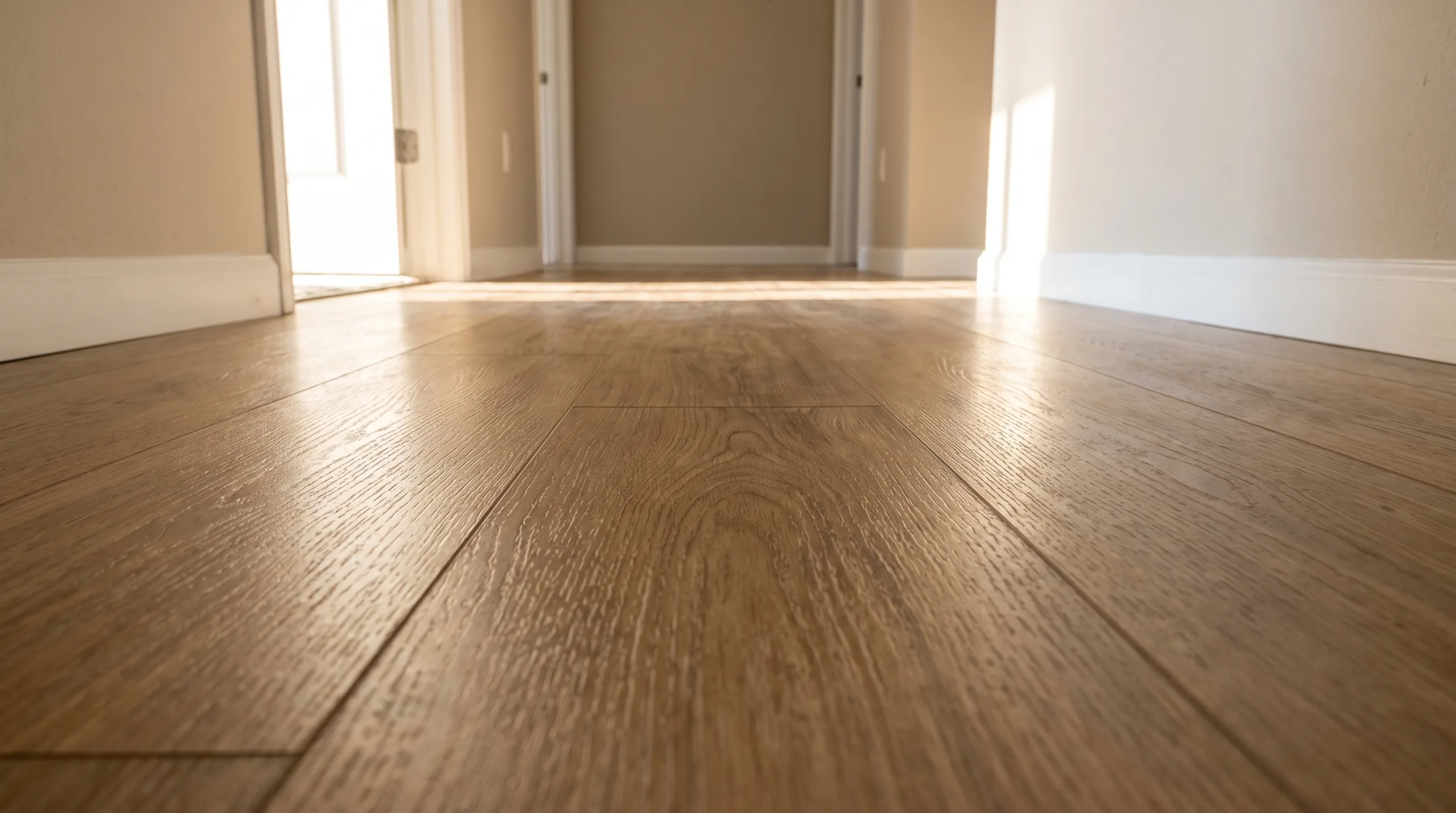 A low-angle close-up perspective of a freshly cleaned, gleaming wood-look luxury vinyl plank floor in a bright, empty hallway of a middle-class Florida home. The walls are a neutral beige with white trim. Warm sunlight streams across the spotless, dust-free floor from an open doorway. Pristine condition, ready for new residents. No people, no text, no brands, no cleaning supplies.