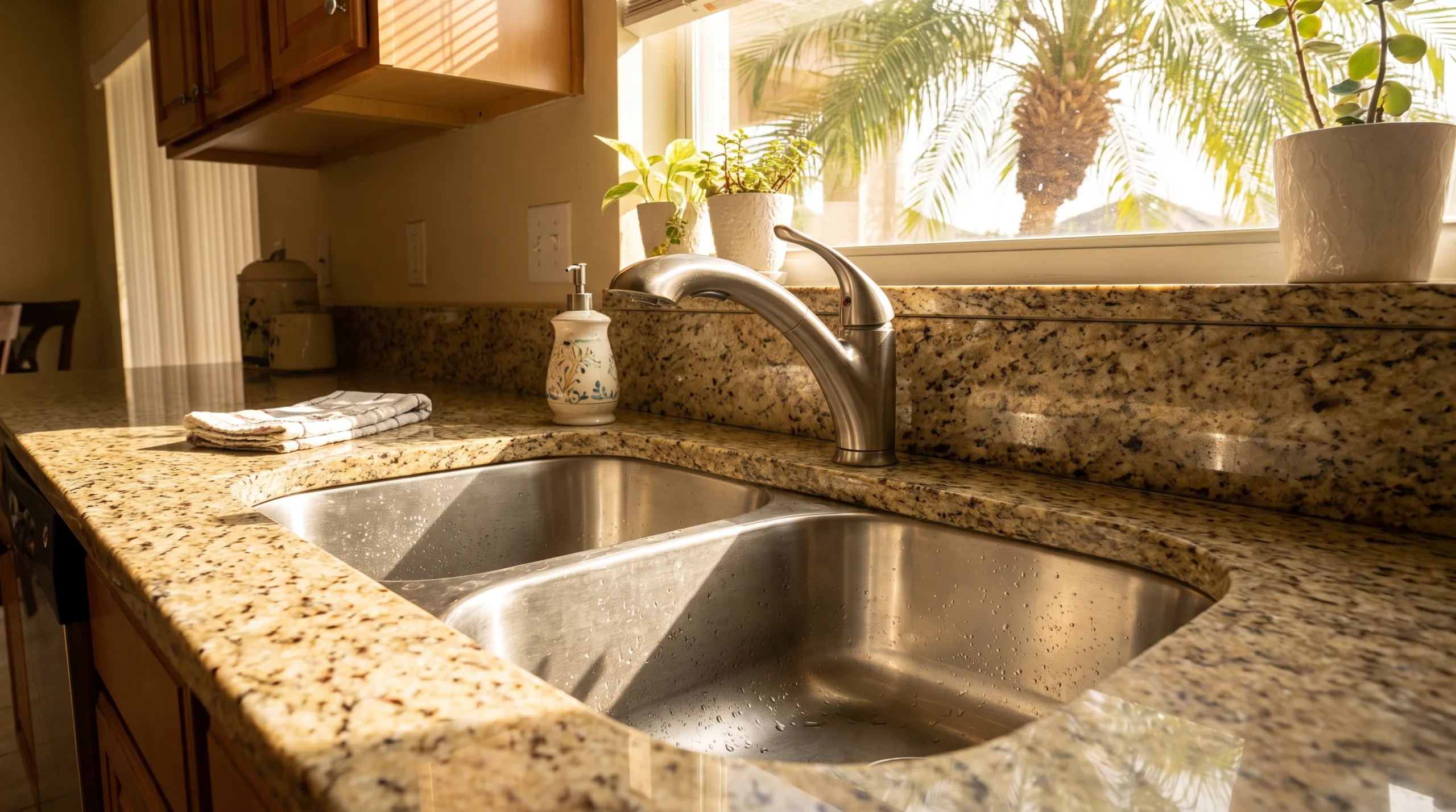 A close-up of a sparkling clean standard stainless steel kitchen sink and an everyday formica or basic granite countertop in a cozy Florida home. Sunlight reflecting off the pristine surfaces, showcasing a deep degreasing clean. A simple, well-kept suburban kitchen setting.