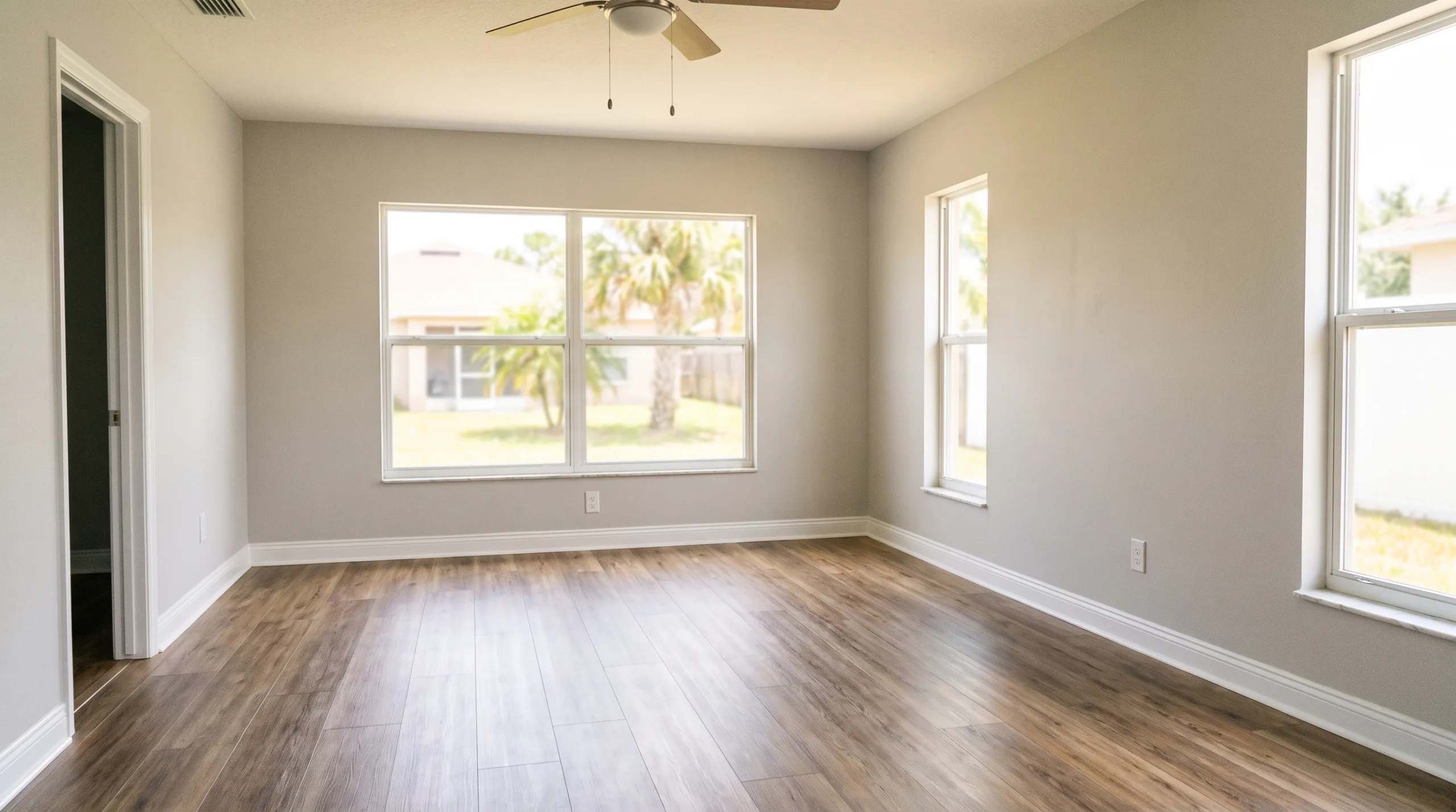 A bright, welcoming, and completely empty living room in a typical middle-class Florida home, freshly deep-cleaned and ready for move-in. The room features neutral light grey painted walls, standard white baseboards, and clean wood-look luxury vinyl plank flooring. Large windows let in abundant warm Florida sunshine with a blurred view of a standard suburban backyard with palm trees outside. Spotless, airy, and pristine atmosphere. No furniture, no people, no text, no brands.