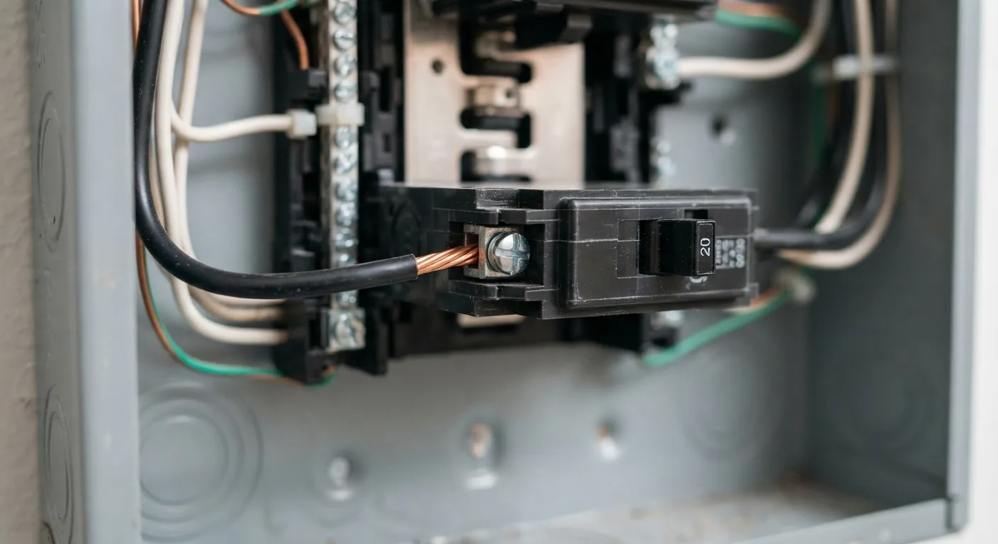 A detailed macro, hyper-realistic photograph inside a residential electrical panel, focusing closely on a standard single-pole circuit breaker terminal connection. Solid copper wires are properly secured under screw terminals, showing safe, clean installation details without any damage. Bright illumination reveals the crisp textures of the metal housing and wire insulation. No people, text, or brand logos are present.