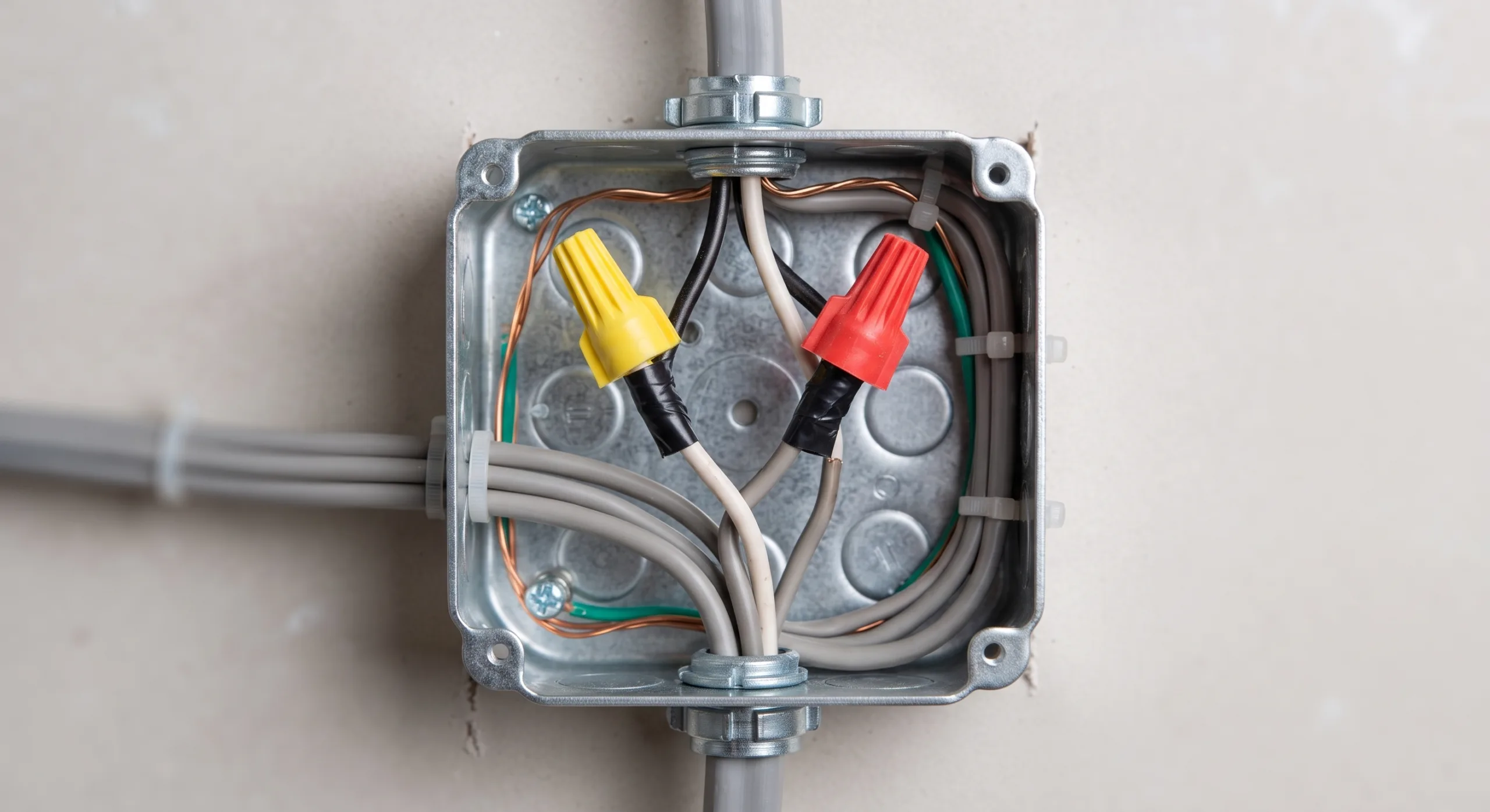 A high-resolution macro detail shot of a neat cluster of clean grey 240V gauge wires, properly terminated with secure wire nuts and insulation, inside a new, clean metal junction box, emphasizing professional craftsmanship.
