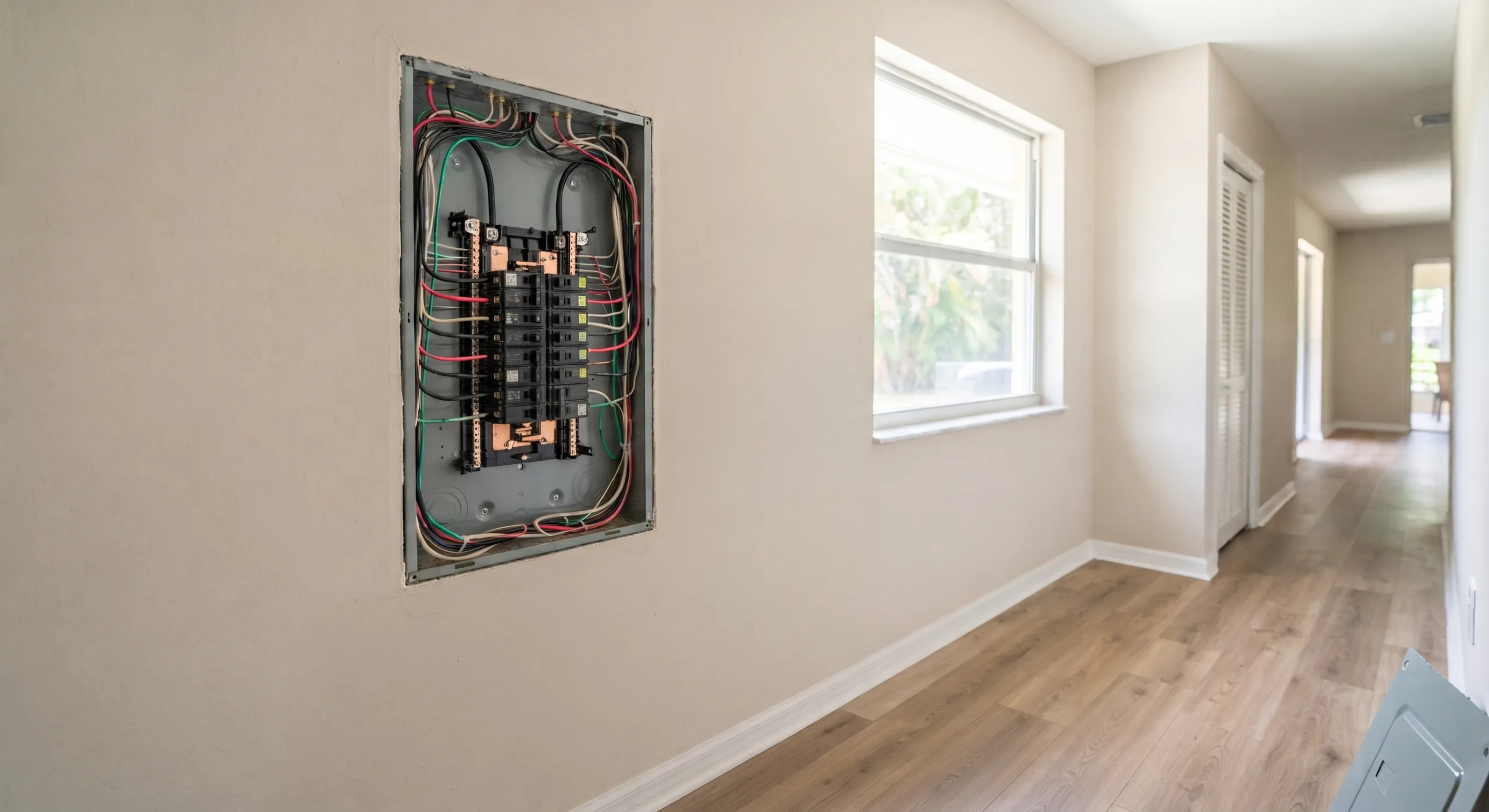 A wide-angle, sun-drenched, hyper-realistic photograph capturing the utility hallway inside a comfortable, average-sized middle-class Florida ranch-style home. The scene is illuminated by soft natural daylight from a clean window, showing a tidy, modest living space. The main focus is on a professionally installed, open electrical service panel on a neutral painted wall, with its grey metal cover resting on the floor below. The interior reveals neatly organized wiring and standard residential circuit breakers. The flooring is a warm, mid-tone wood-grain luxury vinyl plank (LVP). No people, brand logos, or text labels are visible.