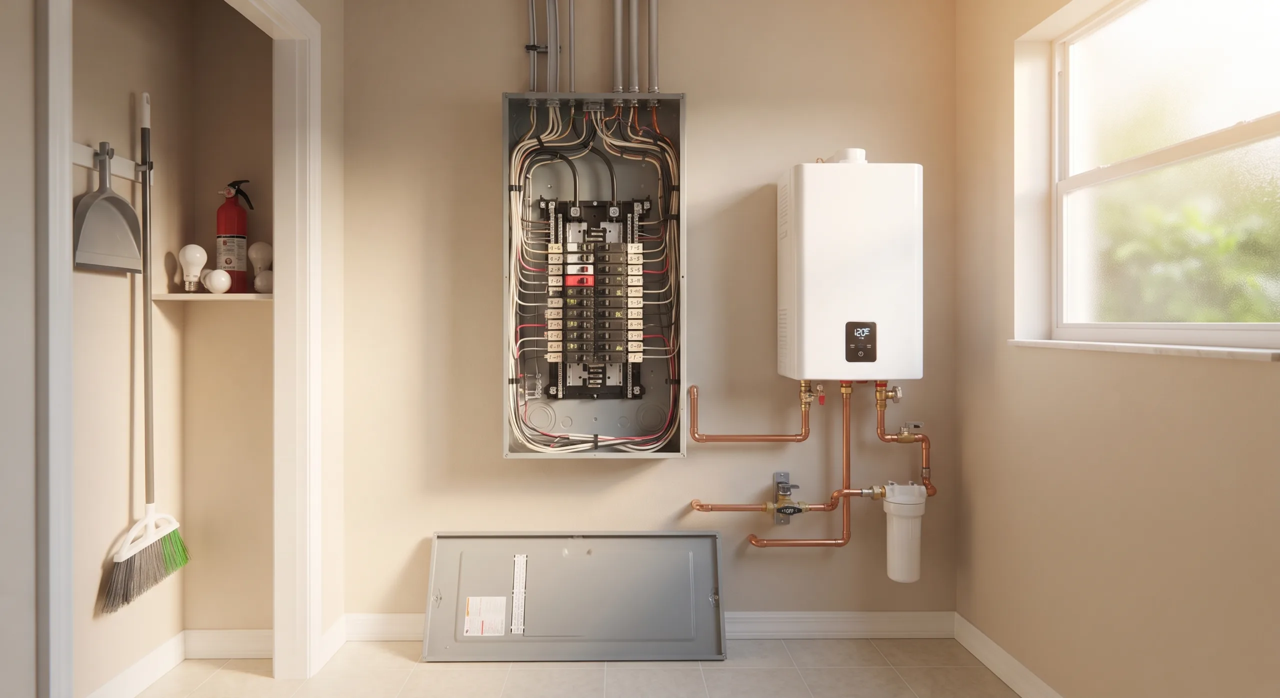 A clean, wide-angle, sunlit photograph taken inside a tidy utility closet of an average-sized Florida ranch-style home. A professionally installed, neat electrical panel is open, showcasing the internal wiring and circuit breakers, next to a modern, unbranded tankless water heater. Bright Florida sunlight filters from a frosted window, casting a warm glow. No people.