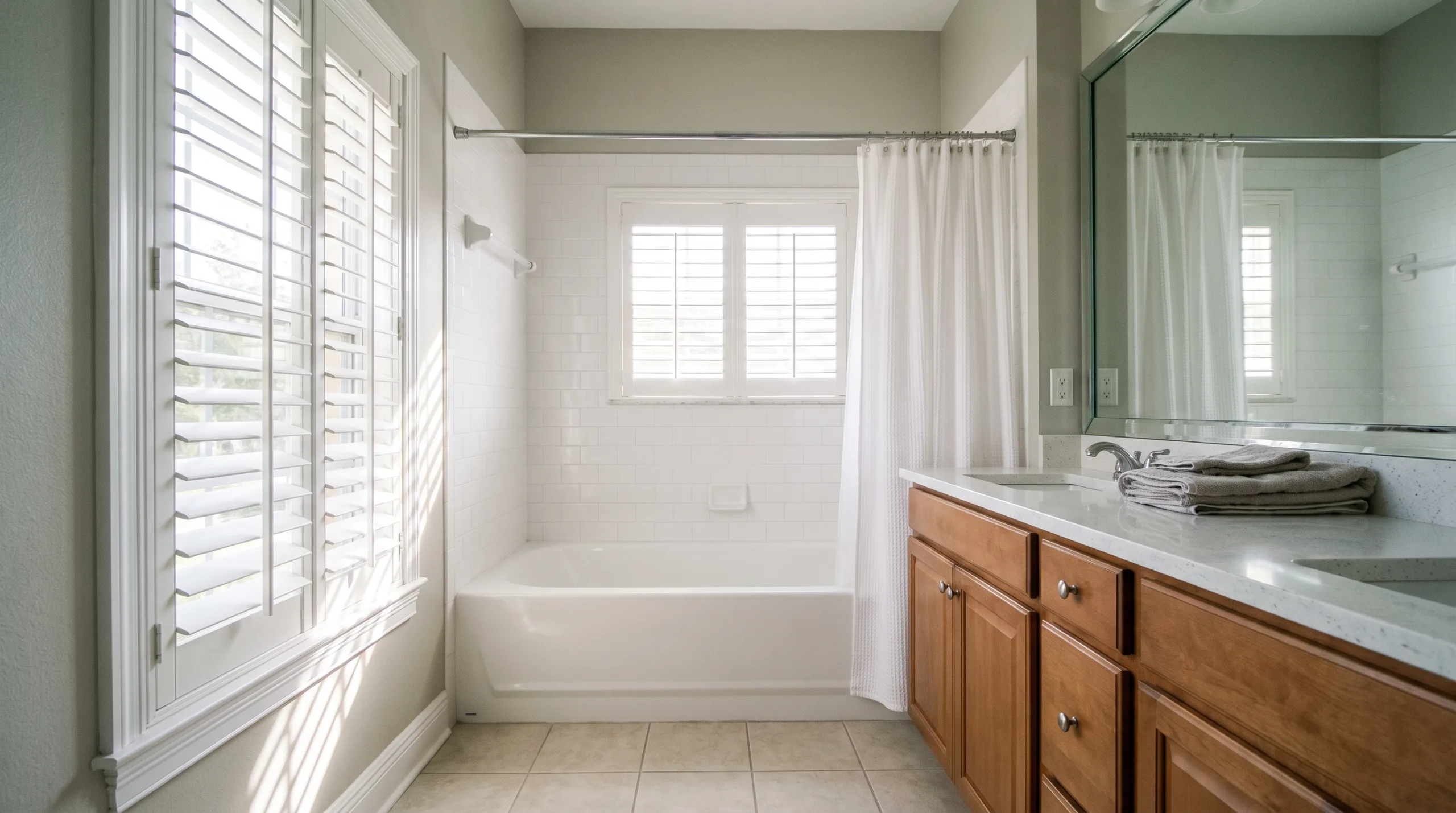 A neatly organized and spotless everyday bathroom in a middle-class Florida home. A clean traditional bathtub setup, simple standard floor tiles, and vibrant sunlight streaming in. Very clean, serene, and completely empty. Good lighting.