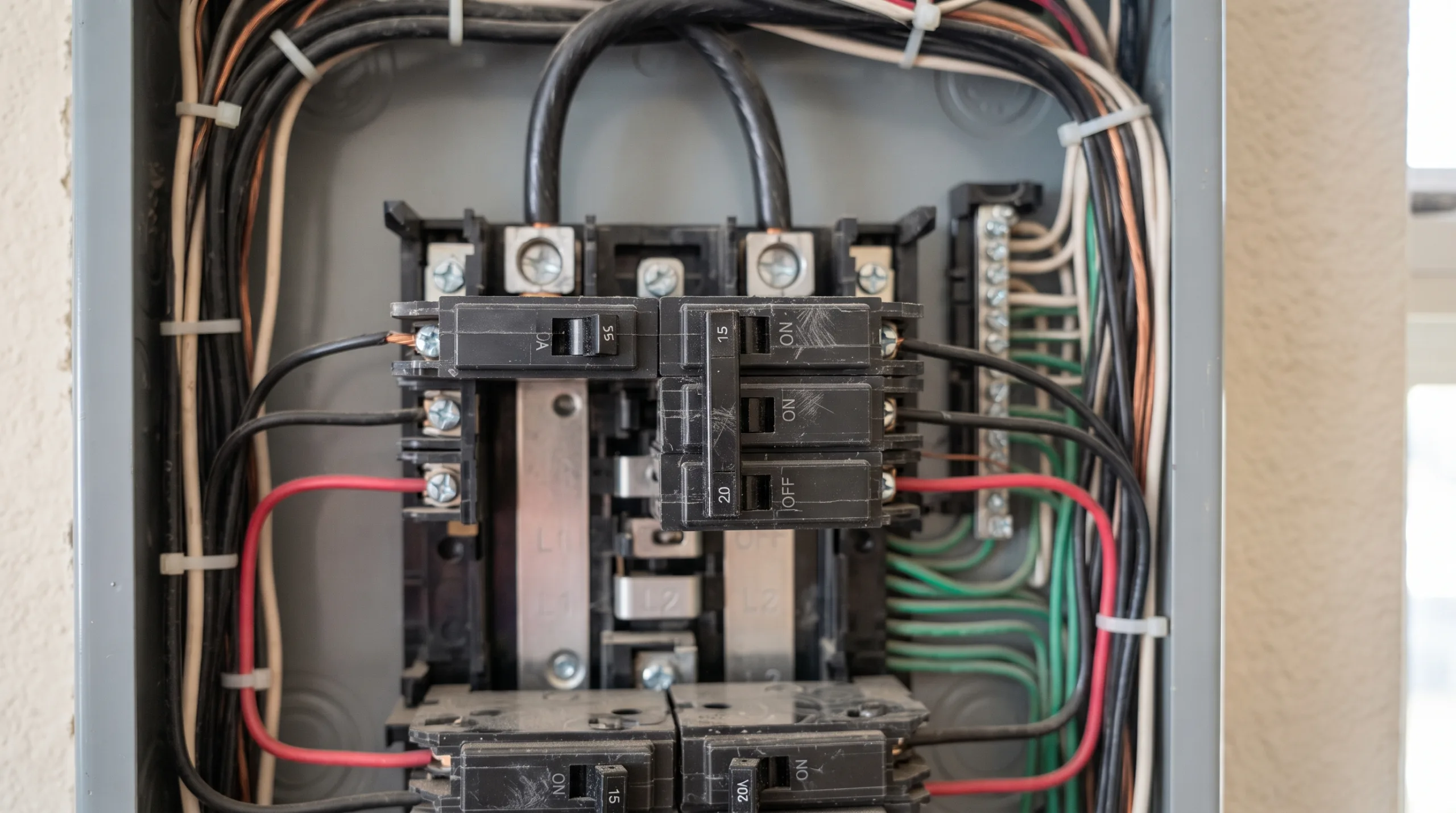 An extreme close-up, hyper-realistic photograph of a standard 200A residential main circuit breaker panel in a middle-class home, focusing on a single tripped breaker handle positioned in the center, clicked halfway between 'ON' and 'OFF'. Bright, natural light highlights the clean metal bus bars and tidy copper wiring. No people, text, or brand logos are visible.