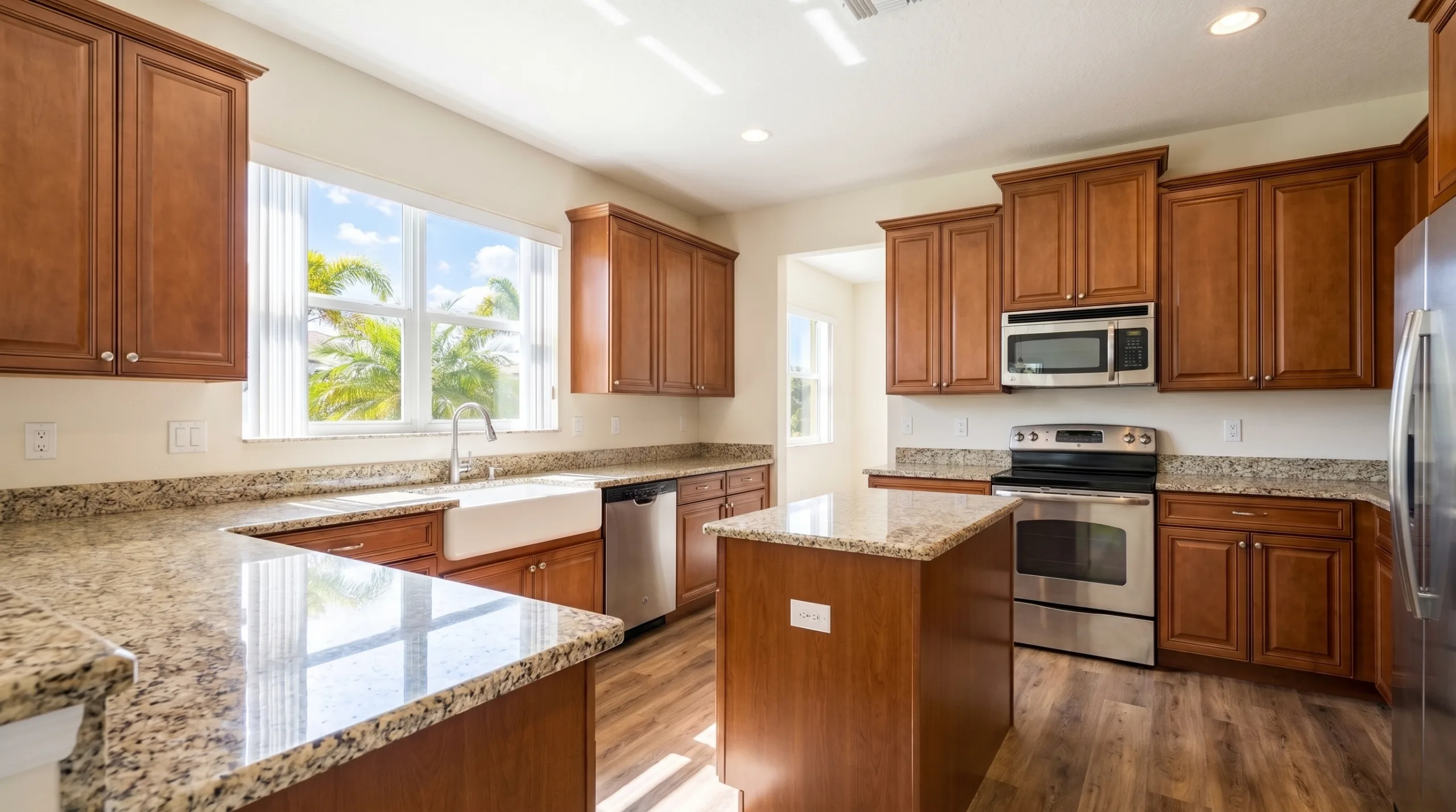 A bright, spotless, freshly deep-cleaned kitchen in a typical middle-class Florida suburban home. Clean standard granite countertops, traditional wooden cabinets, and a window over the sink showing bright sunlight and a hint of a palm tree outside. The space feels highly sanitized, cozy, and inviting.
