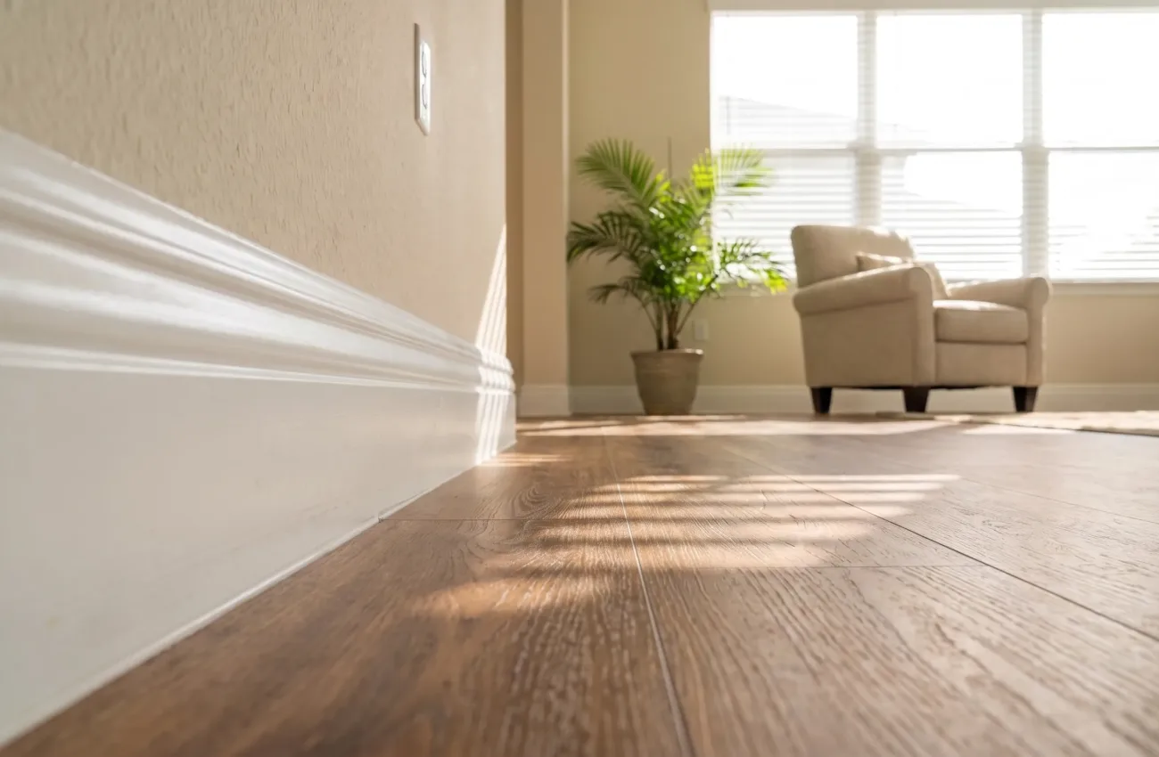 A low-angle shot focusing on spotless white baseboards