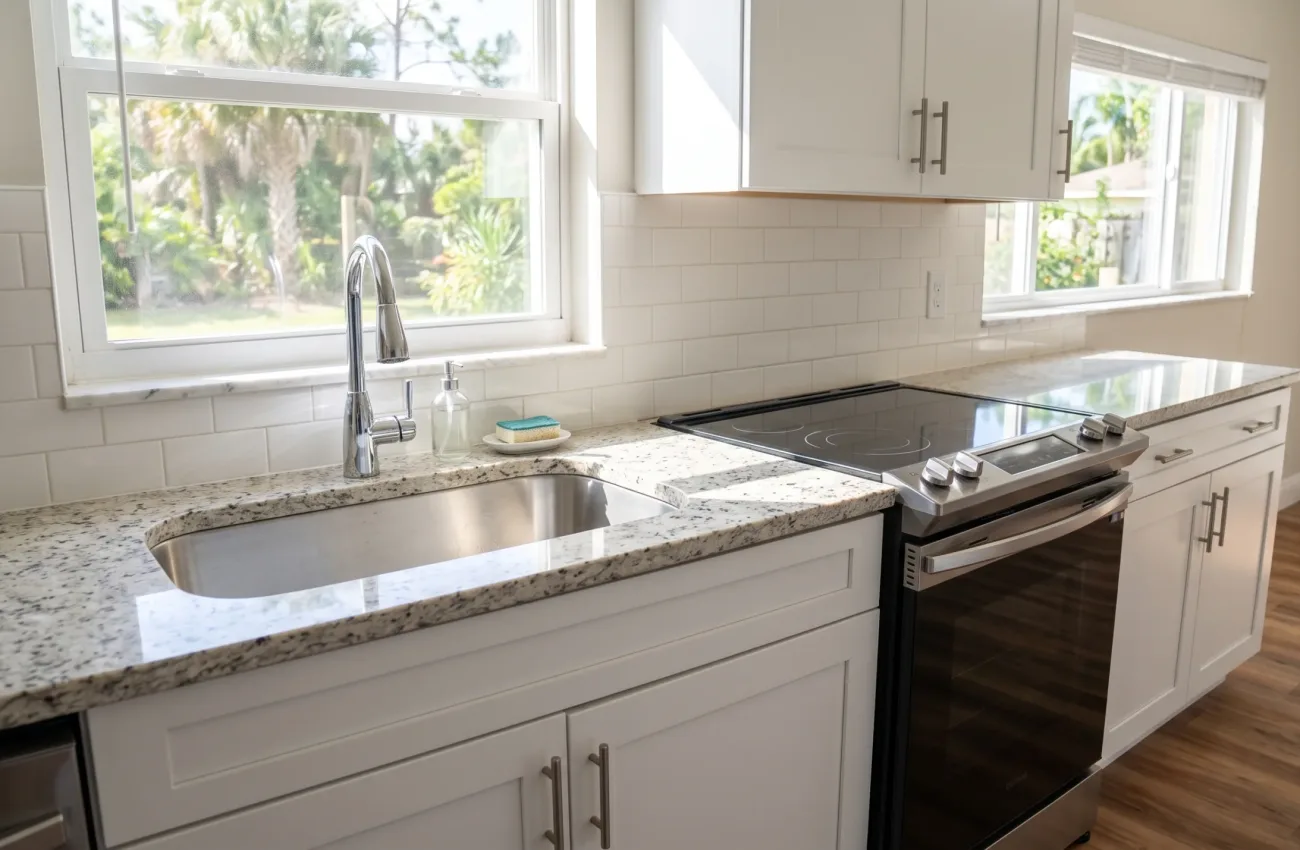 A sparkling clean kitchen counter and sink area in a standard middle-class Florida home. A neatly wiped down electric stovetop, a shiny stainless steel sink with a simple faucet, and clutter-free countertops. Sunlight illuminates the spotless surfaces. Warm luxury vinyl plank flooring is subtly visible in the lower frame. Bright, hygienic atmosphere. No people, no text, no logos, no brands.