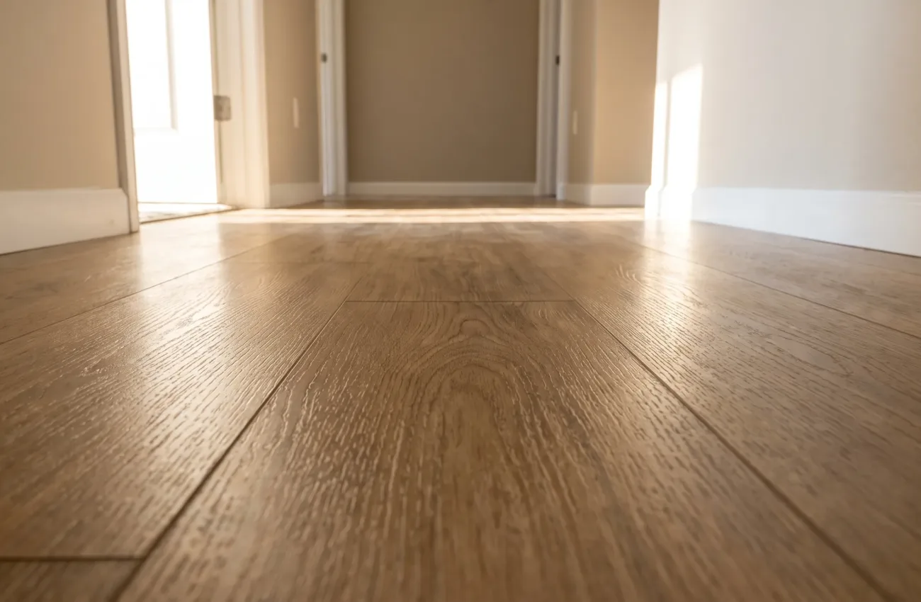 A low-angle close-up perspective of a freshly cleaned, gleaming wood-look luxury vinyl plank floor in a bright, empty hallway of a middle-class Florida home. The walls are a neutral beige with white trim. Warm sunlight streams across the spotless, dust-free floor from an open doorway. Pristine condition, ready for new residents. No people, no text, no brands, no cleaning supplies.