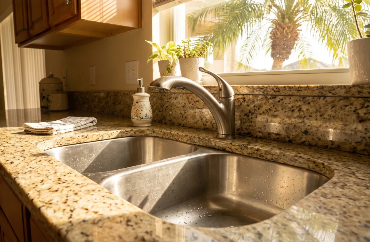 A close-up of a sparkling clean standard stainless steel kitchen sink and an everyday formica or basic granite countertop in a cozy Florida home. Sunlight reflecting off the pristine surfaces, showcasing a deep degreasing clean. A simple, well-kept suburban kitchen setting.