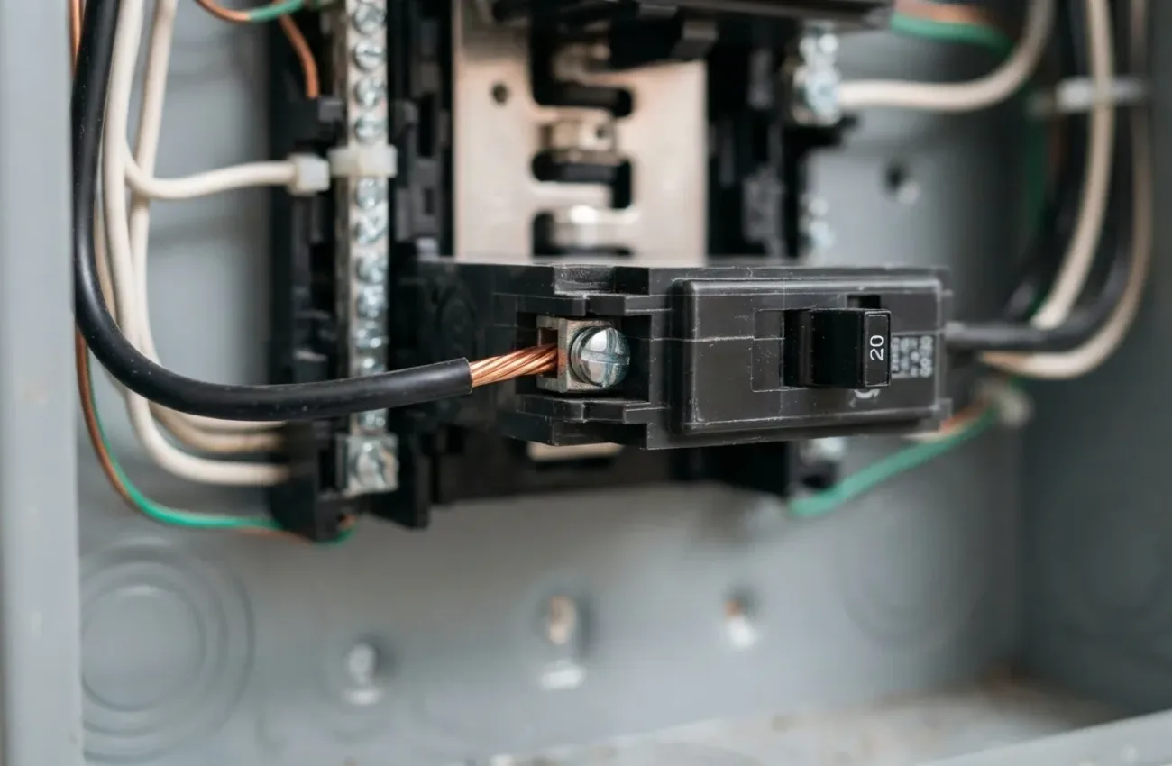A detailed macro, hyper-realistic photograph inside a residential electrical panel, focusing closely on a standard single-pole circuit breaker terminal connection. Solid copper wires are properly secured under screw terminals, showing safe, clean installation details without any damage. Bright illumination reveals the crisp textures of the metal housing and wire insulation. No people, text, or brand logos are present.