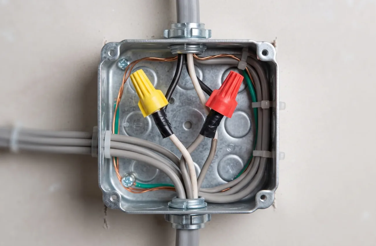 A high-resolution macro detail shot of a neat cluster of clean grey 240V gauge wires, properly terminated with secure wire nuts and insulation, inside a new, clean metal junction box, emphasizing professional craftsmanship.