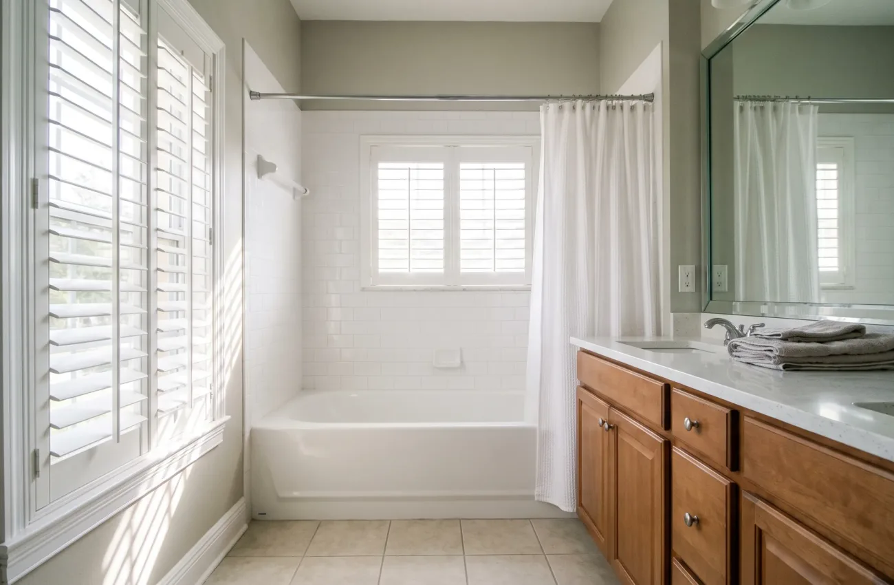 A neatly organized and spotless everyday bathroom in a middle-class Florida home. A clean traditional bathtub setup, simple standard floor tiles, and vibrant sunlight streaming in. Very clean, serene, and completely empty. Good lighting.