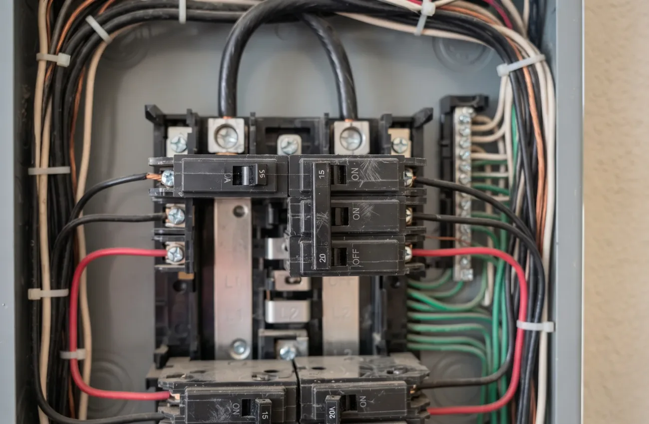 An extreme close-up, hyper-realistic photograph of a standard 200A residential main circuit breaker panel in a middle-class home, focusing on a single tripped breaker handle positioned in the center, clicked halfway between 'ON' and 'OFF'. Bright, natural light highlights the clean metal bus bars and tidy copper wiring. No people, text, or brand logos are visible.